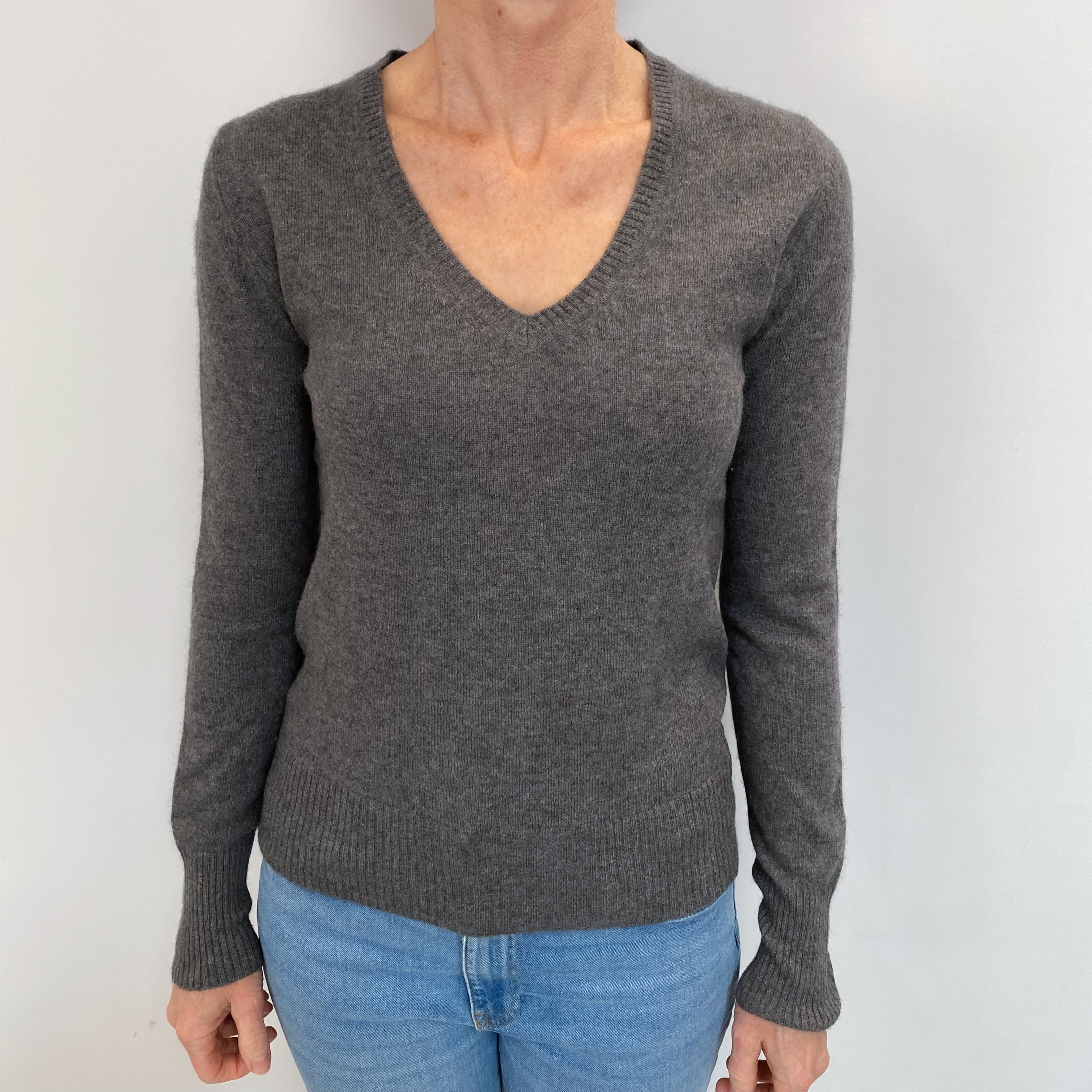 Slate Grey Cashmere V Neck Jumper Small