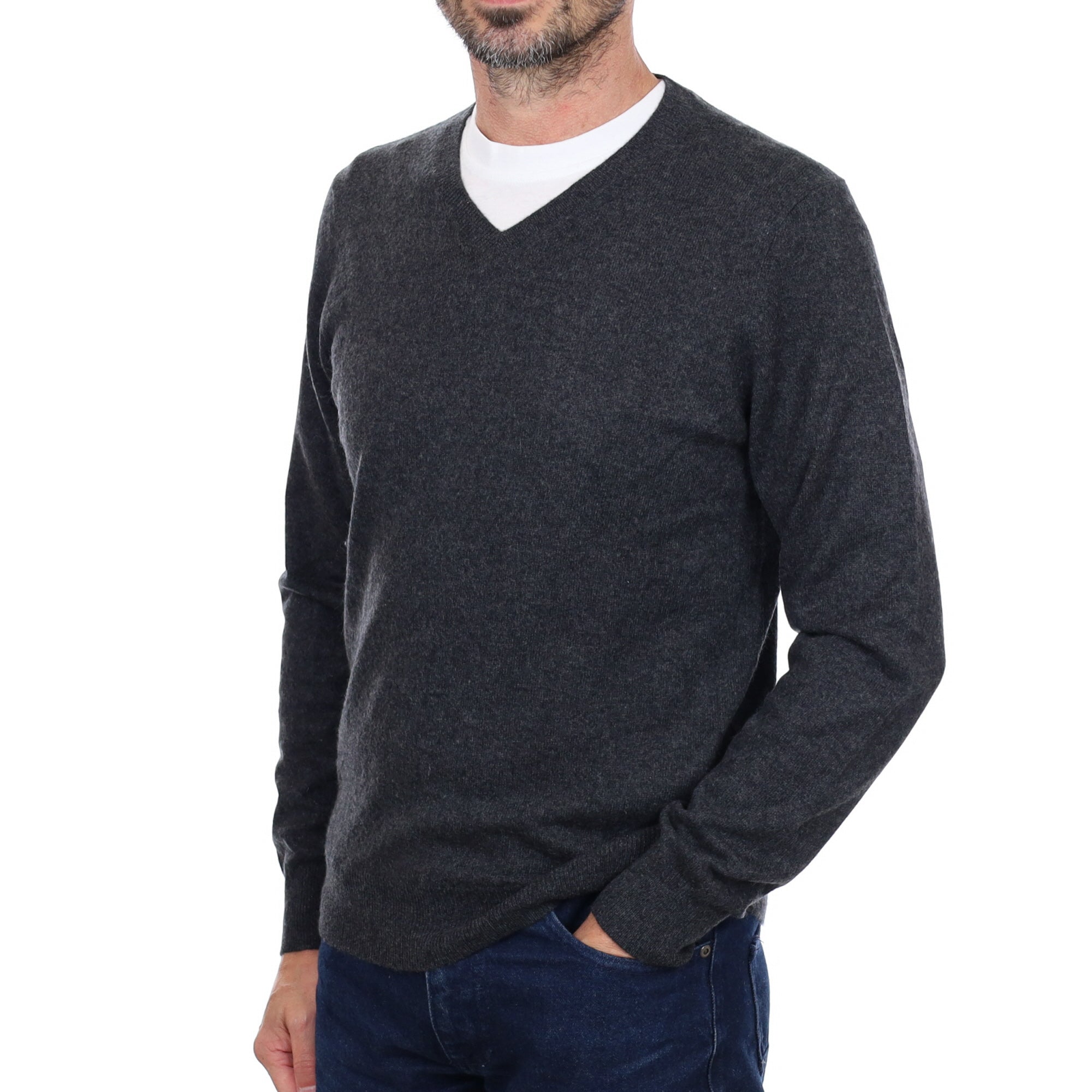 Men's Slate Grey Cashmere V Neck Jumper Small