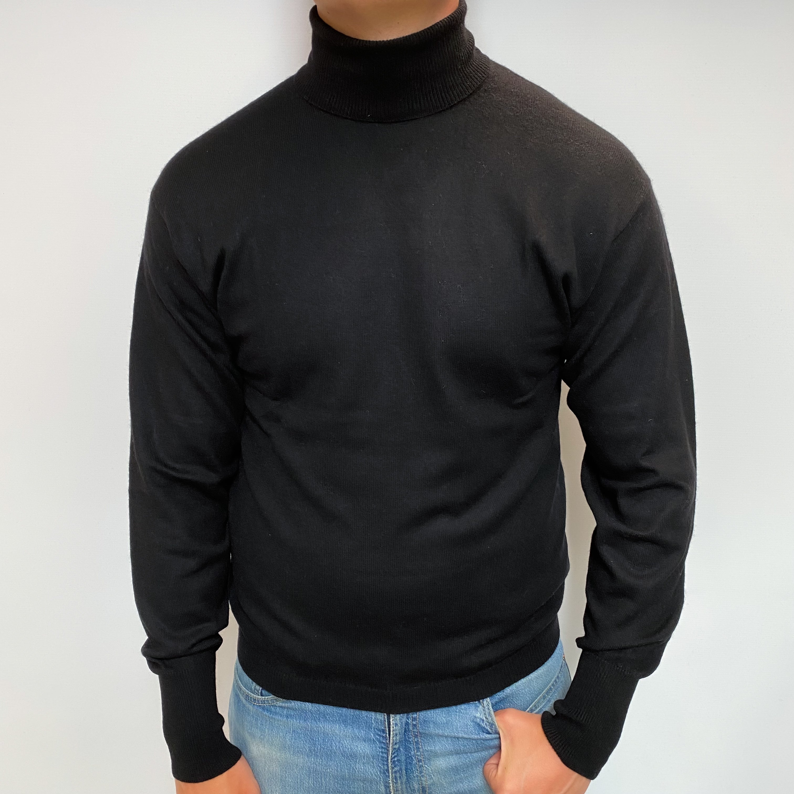 Men's Black Cashmere Polo Neck Jumper XL