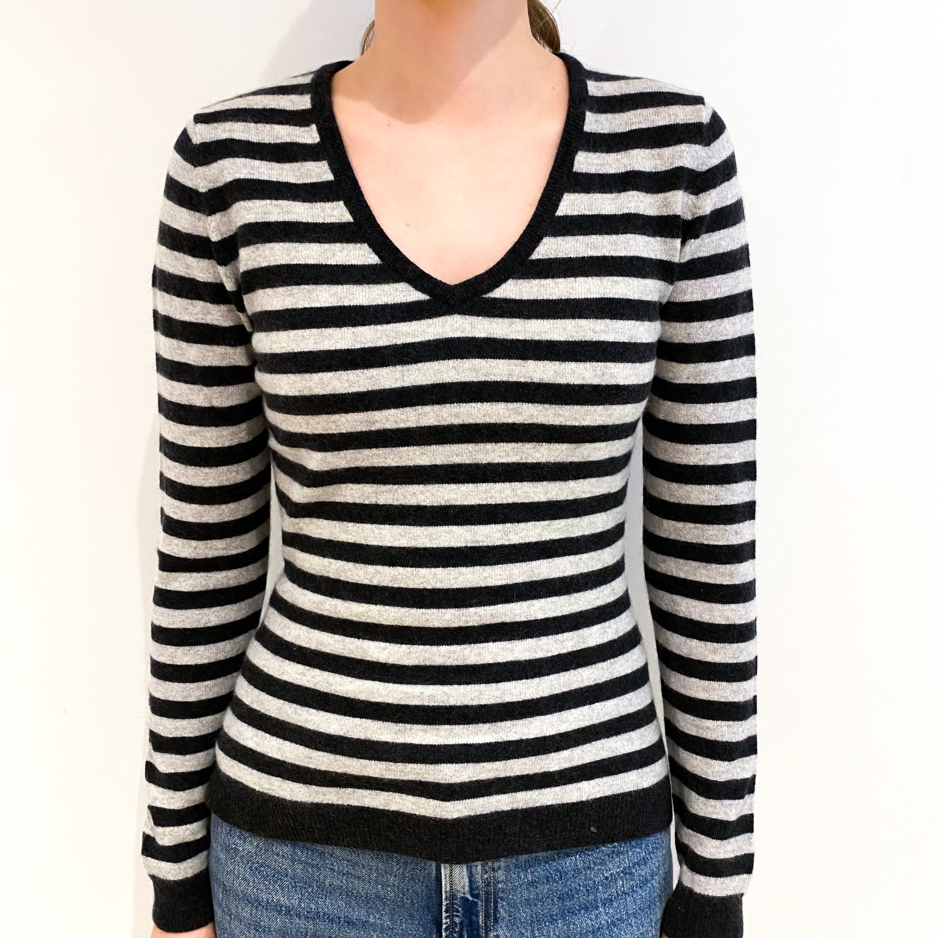 Grey Striped Cashmere V Neck Jumper Extra Small