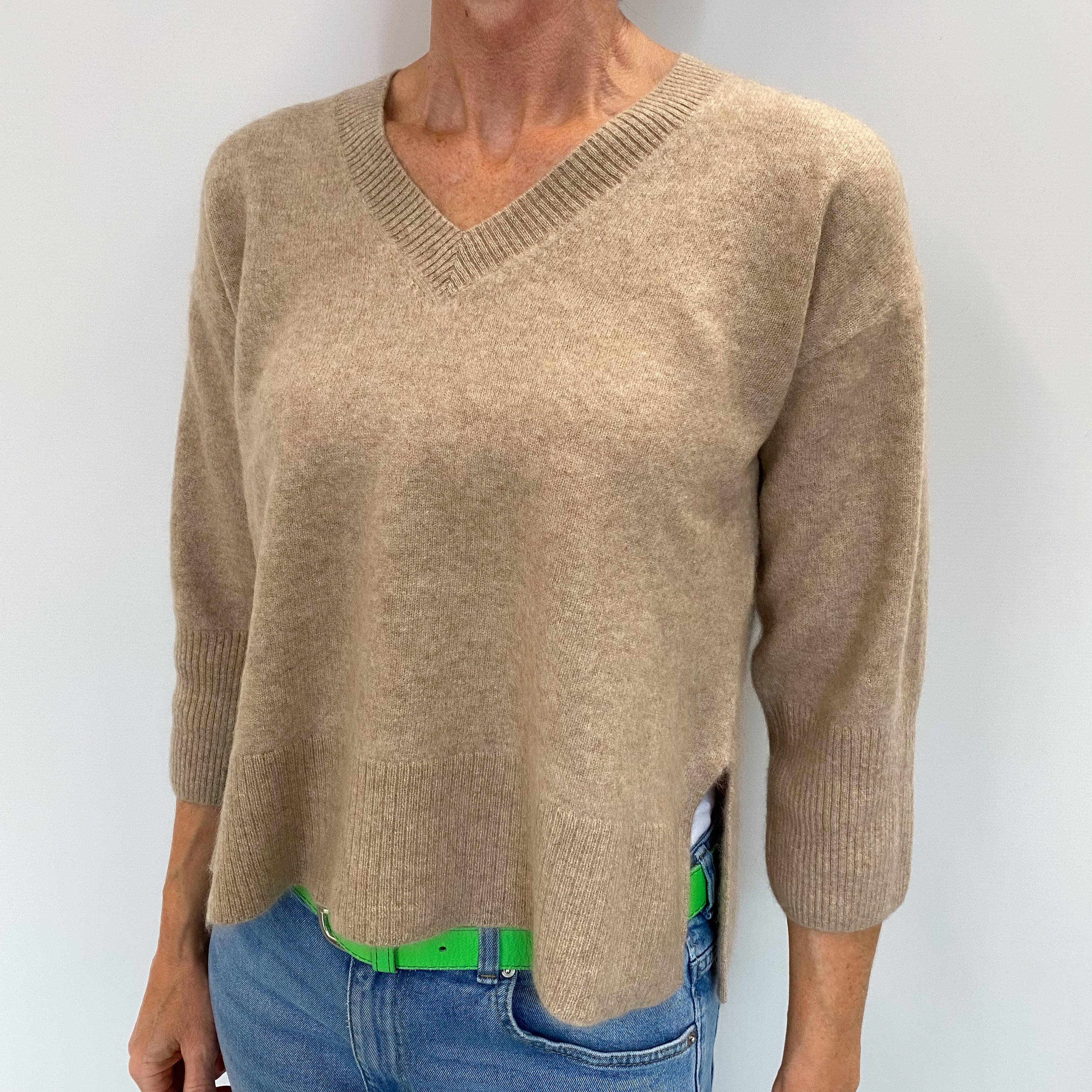 Taupe Brown Cashmere V Neck Jumper Small