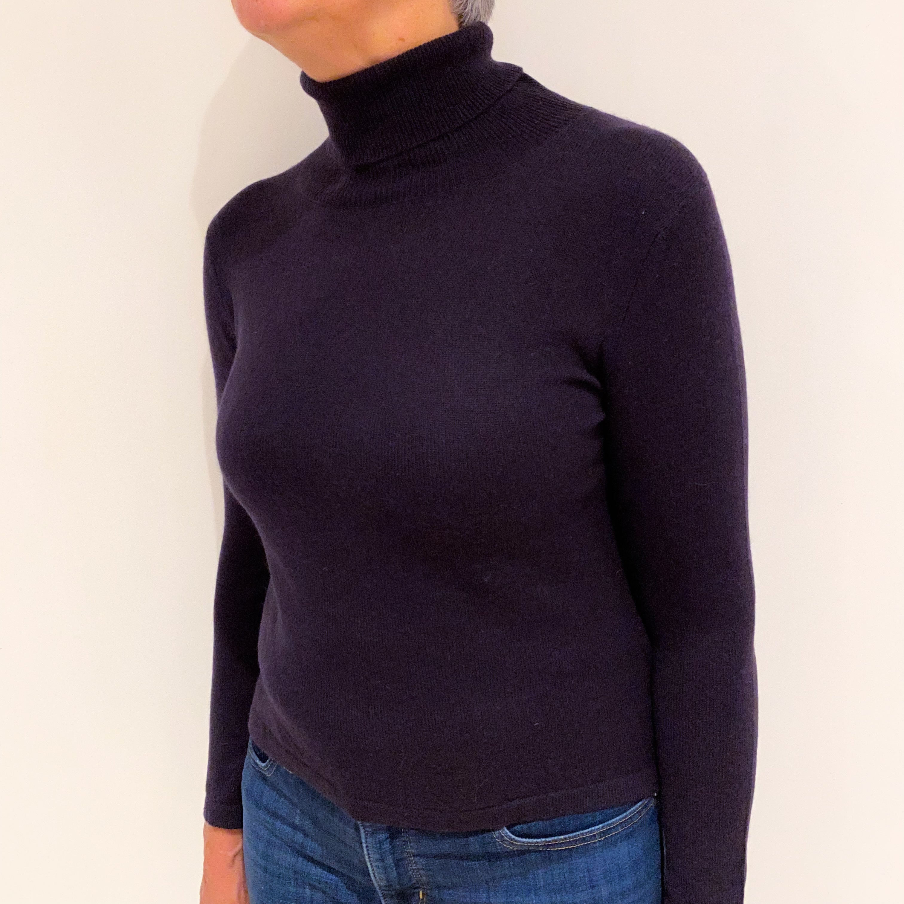 Darkest Purple Cashmere Polo Neck Jumper Medium