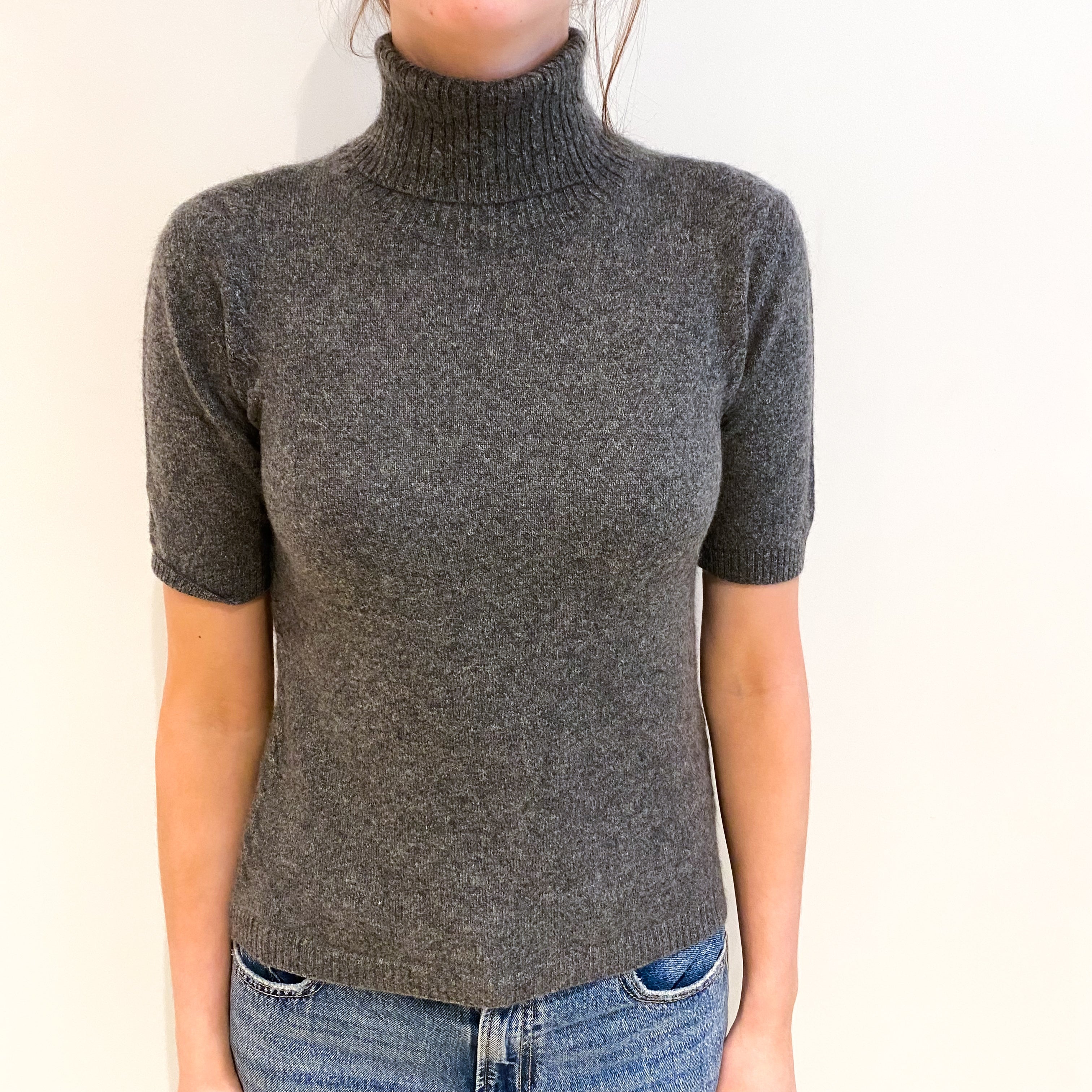 Slate Grey Cashmere Polo Neck Short Sleeved Jumper Extra Small