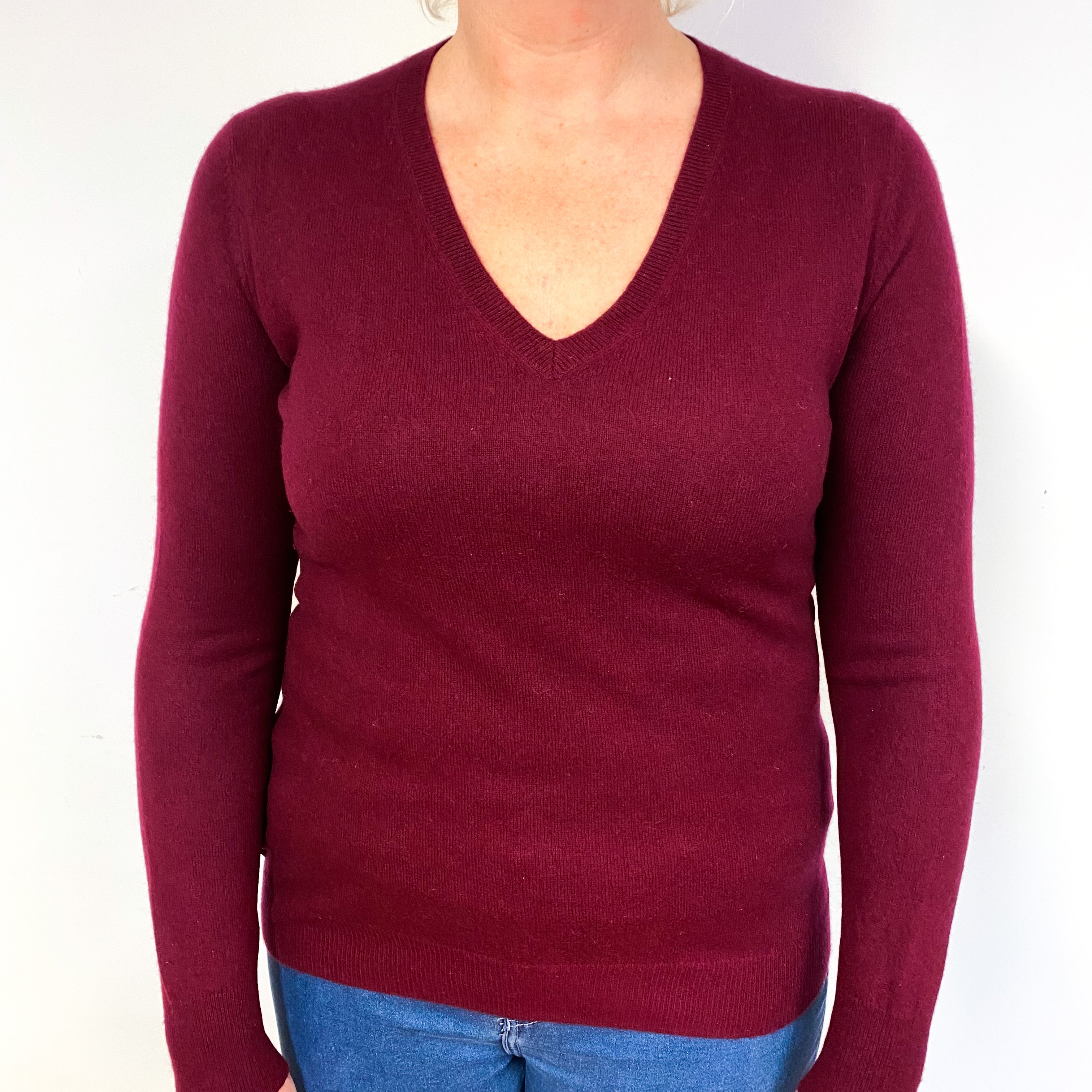 Wine Red Cashmere V-Neck Jumper Large