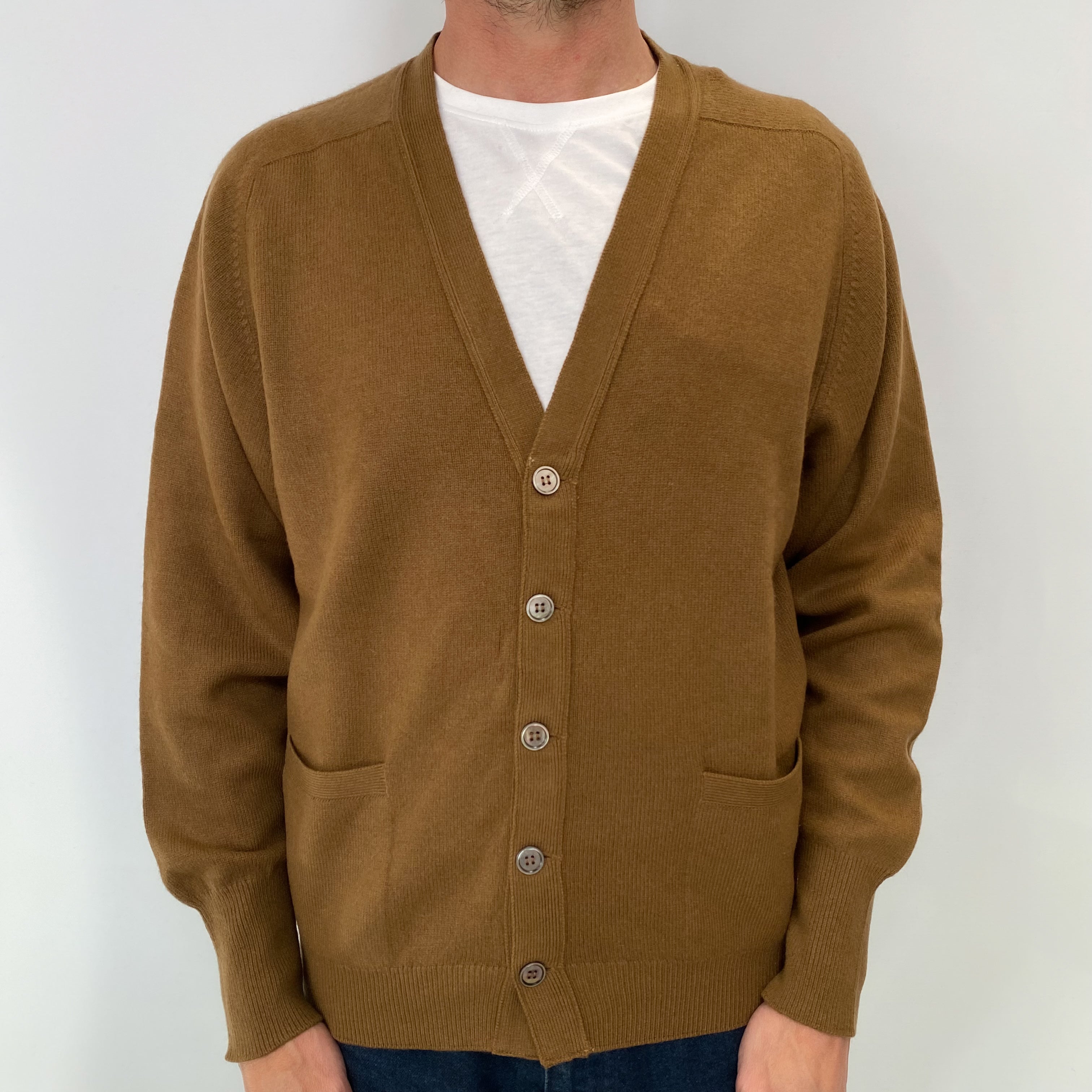 Light Brown Men's Cashmere V Neck Cardigan Jumper Small