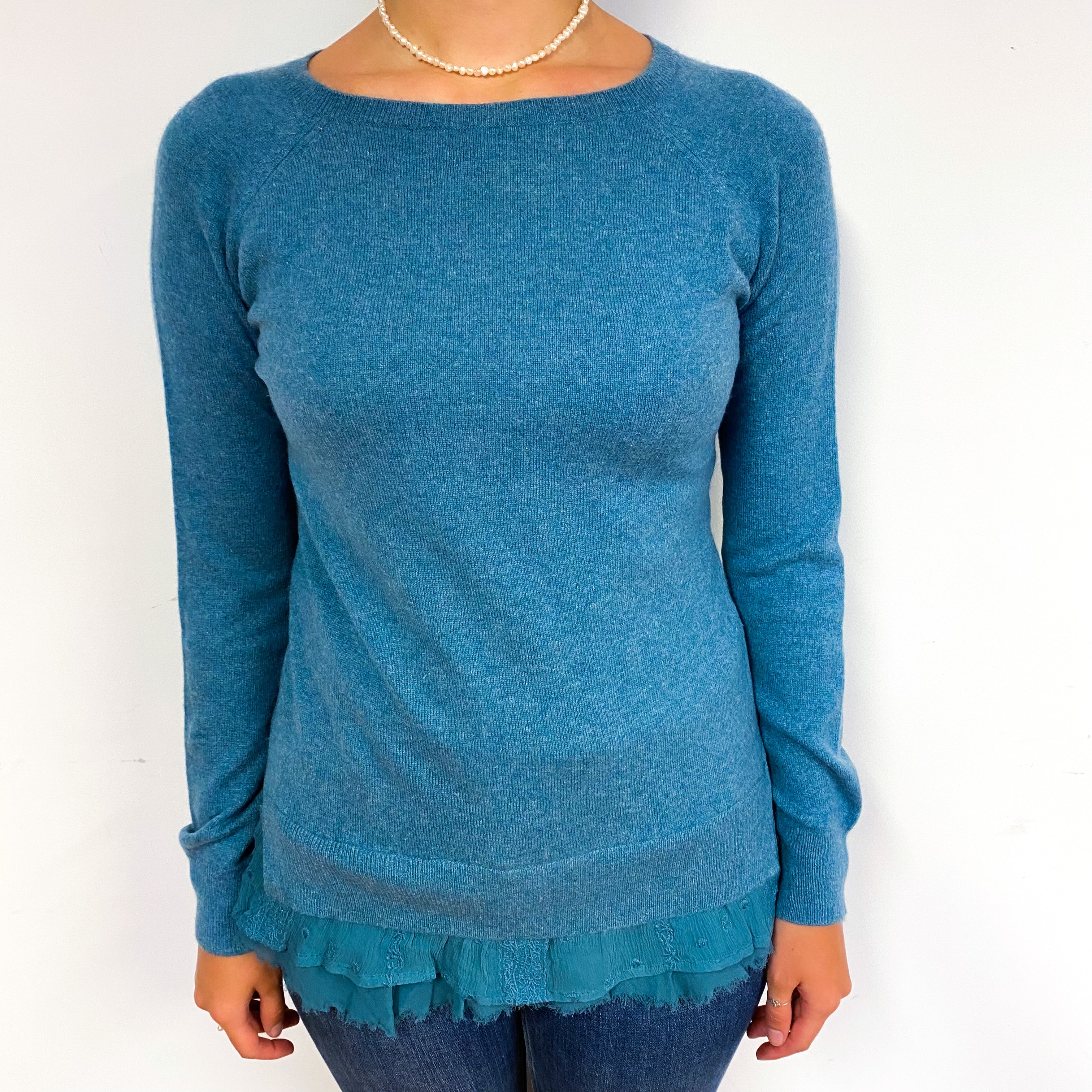 Deep Duck Egg Blue Cashmere Lace Crew Neck Jumper Small