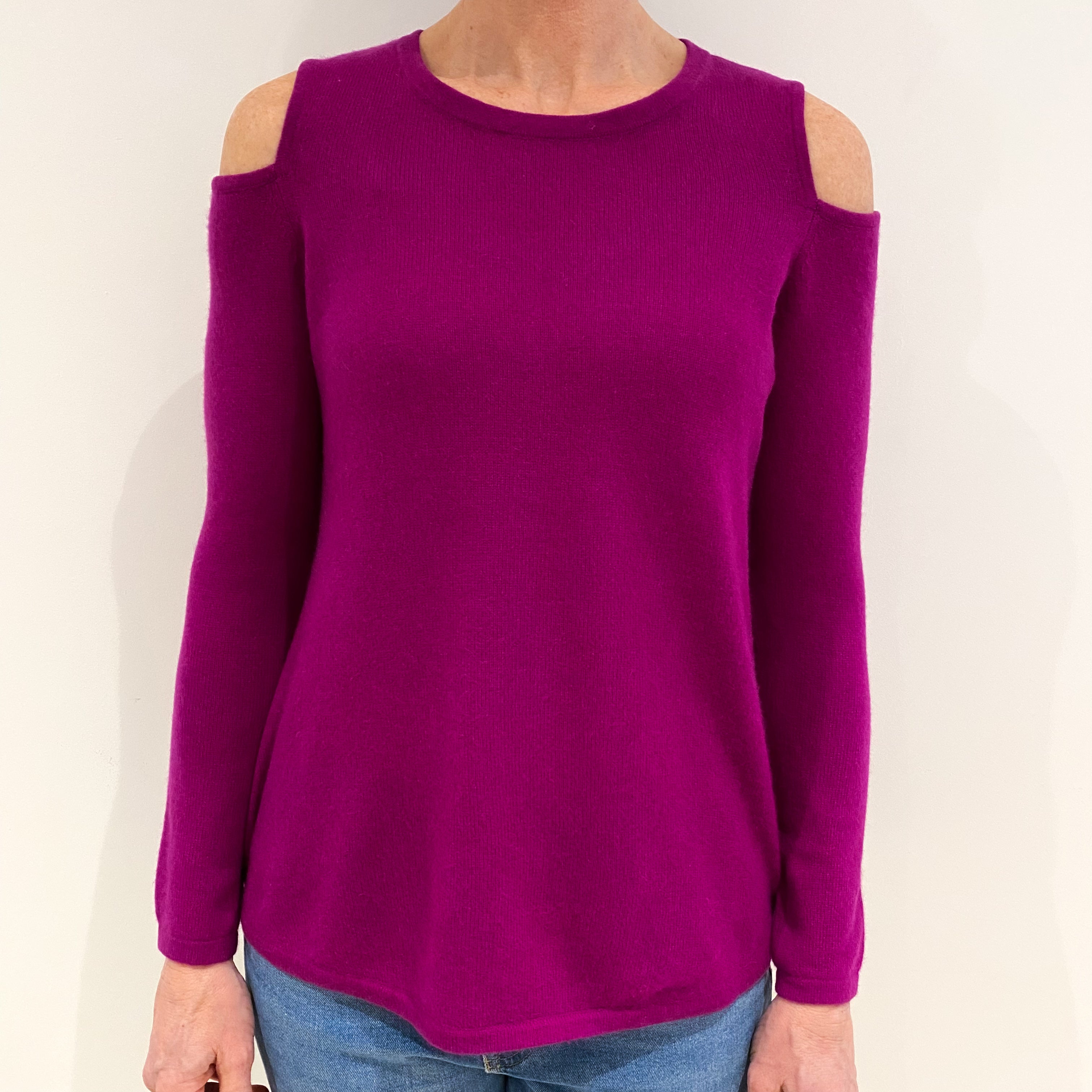 Magenta Pink Cashmere Crew Neck Jumper with Cut Away Shoulders Small