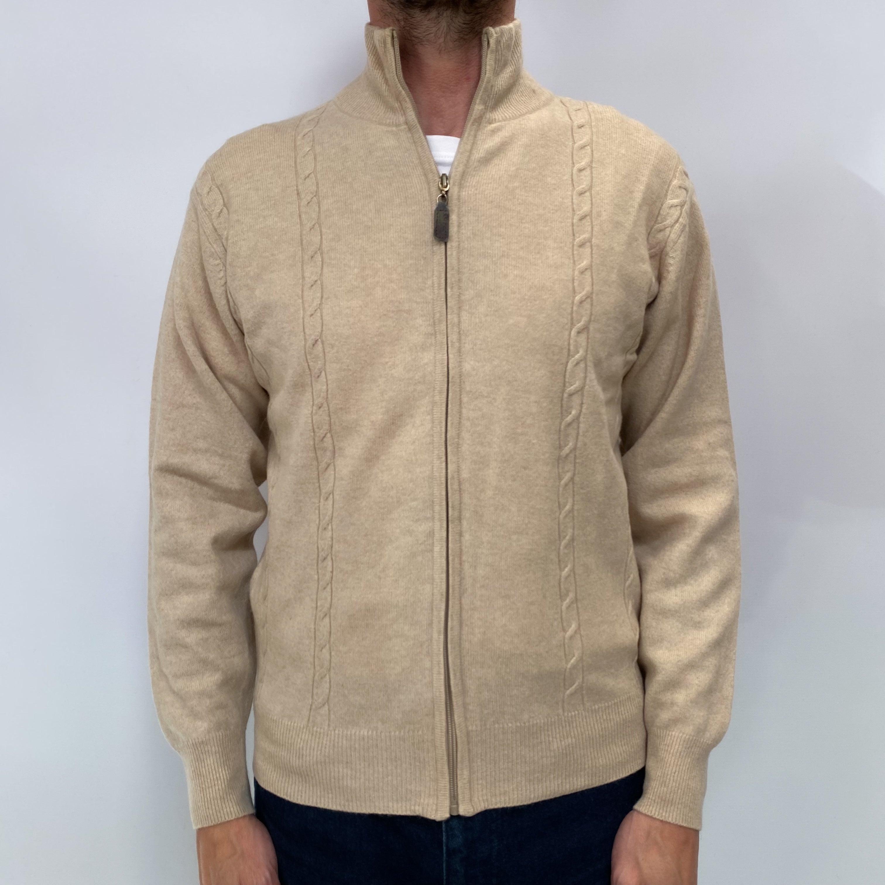 Sand Beige Men's Cashmere Zip Up Jumper Small