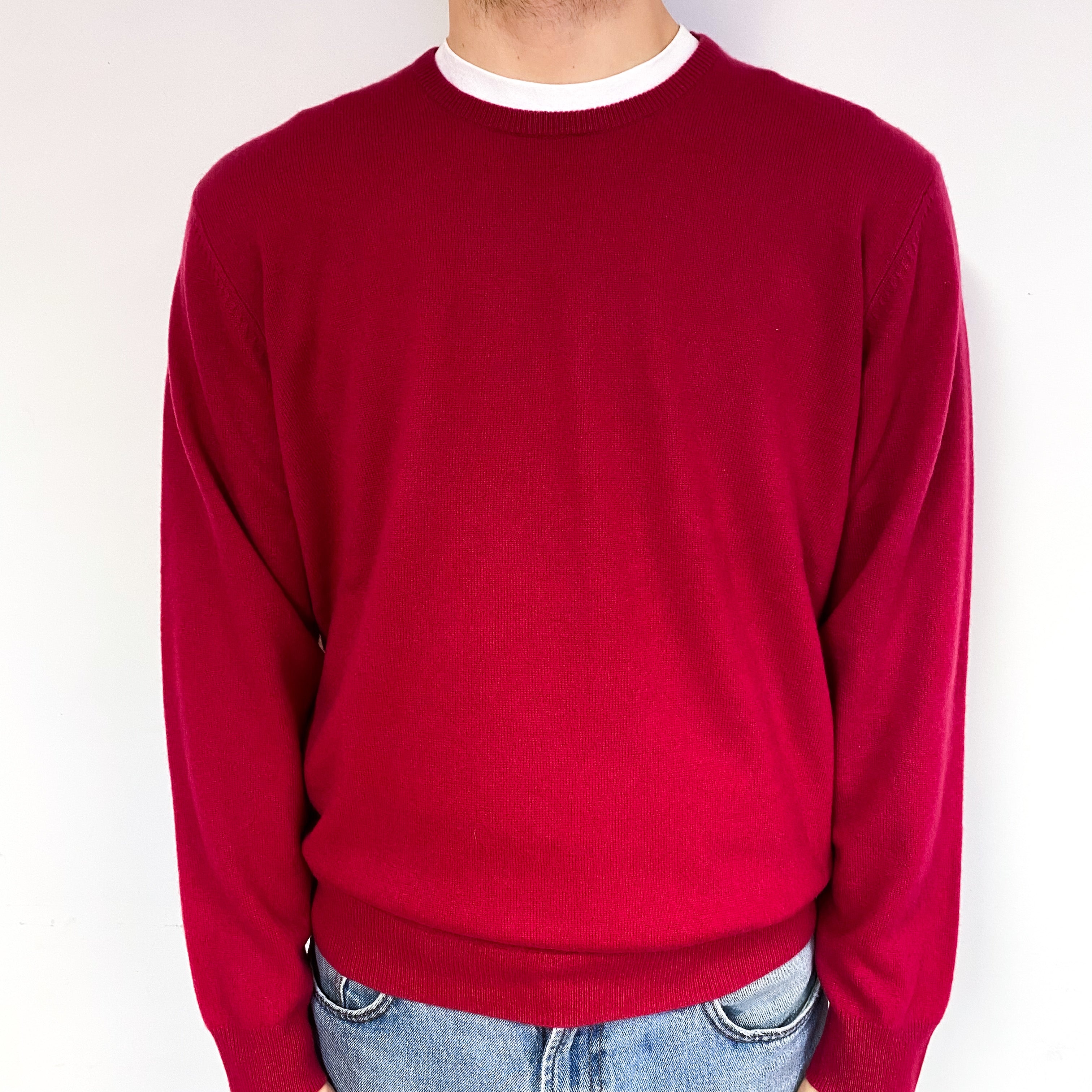 Men's Ruby Red Cashmere Crew Neck Jumper Large