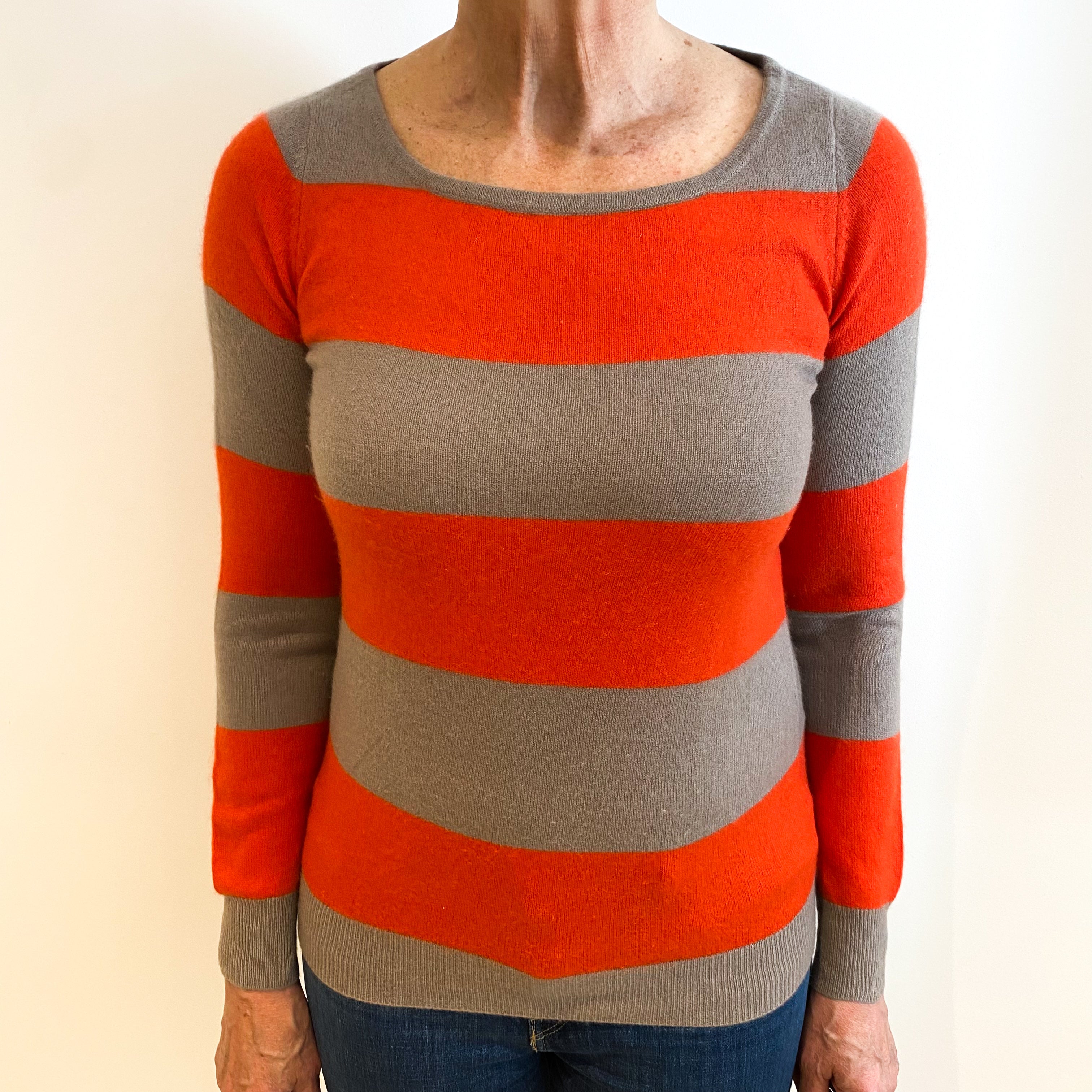 Orange And Mink Brown Stripe Cashmere Crew Neck Jumper Medium