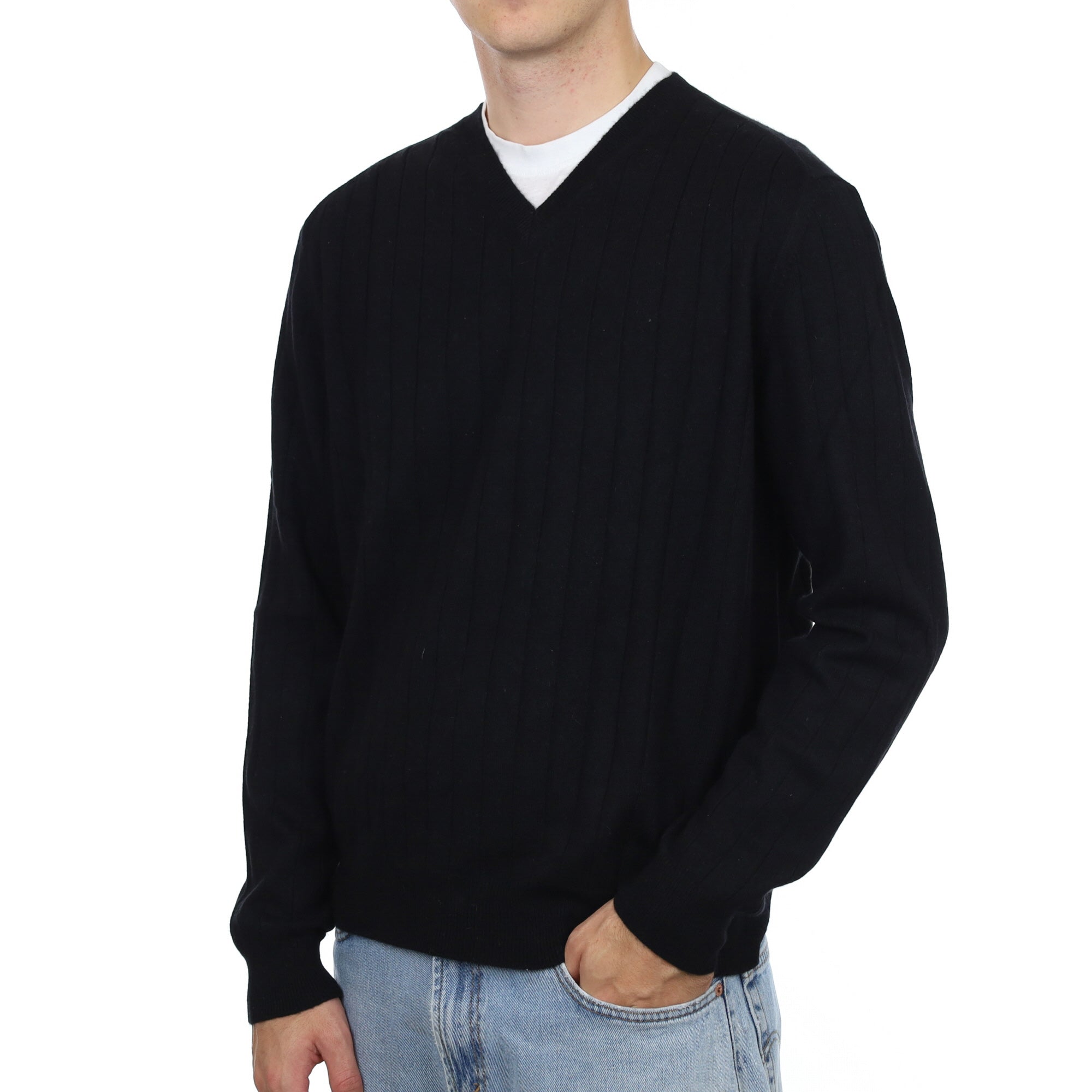 Men's Black Cashmere V Neck Rib Knit Jumper Large