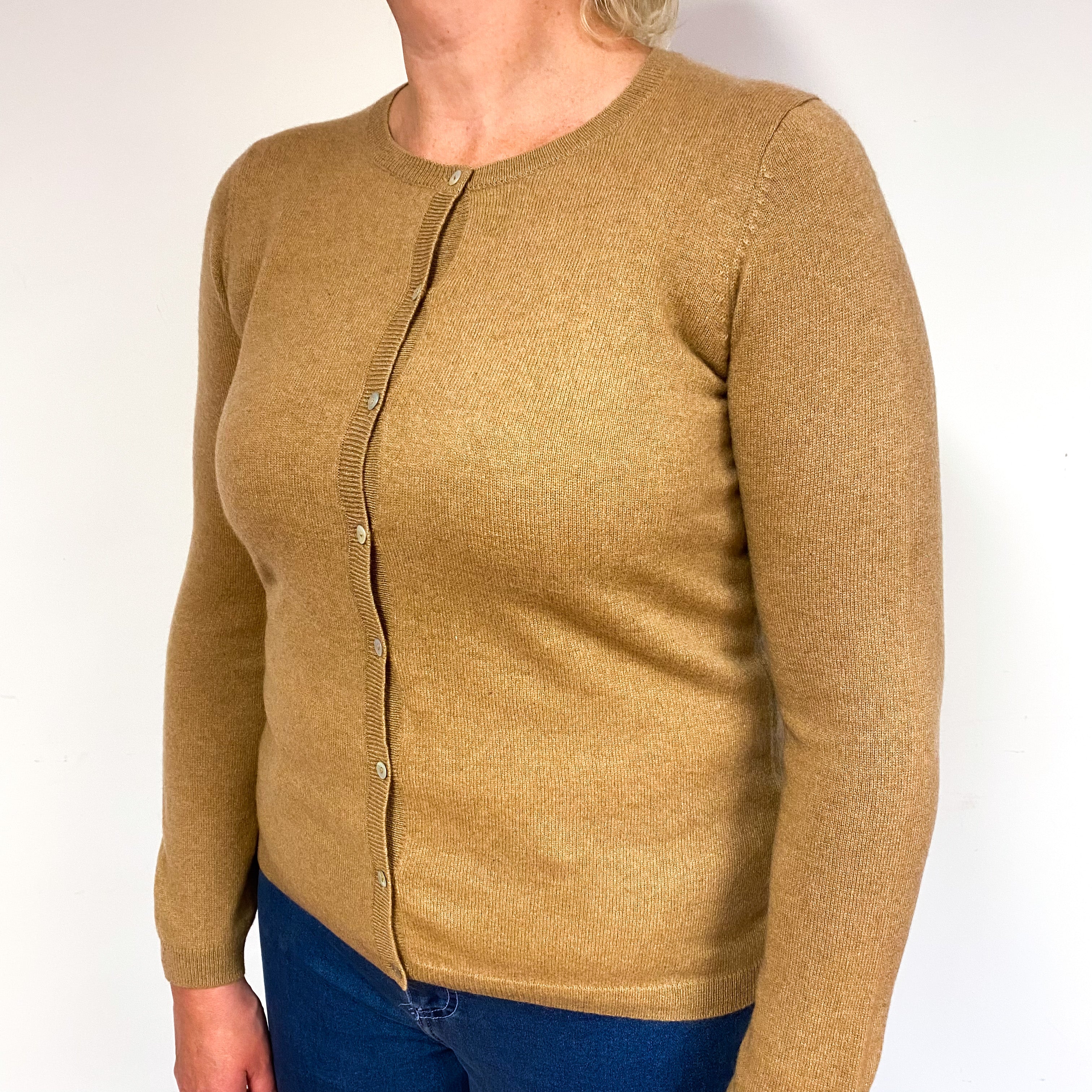 Camel Brown Cashmere Crew Neck Cardigan Large