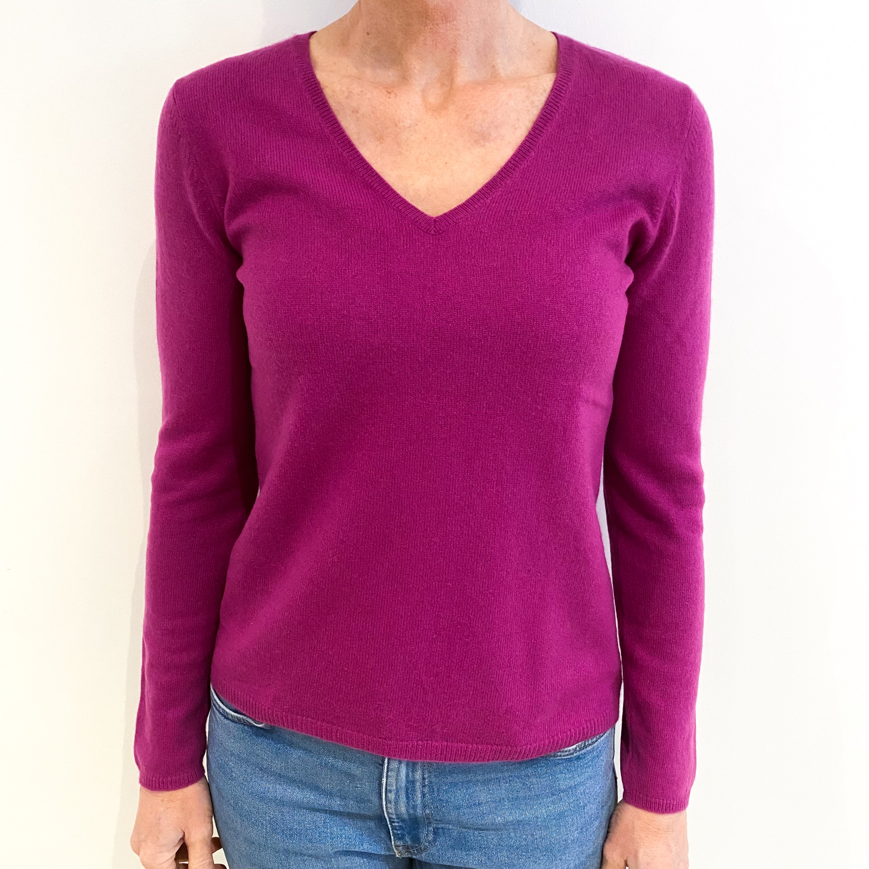 Magenta Pink Cashmere V Neck Jumper Small