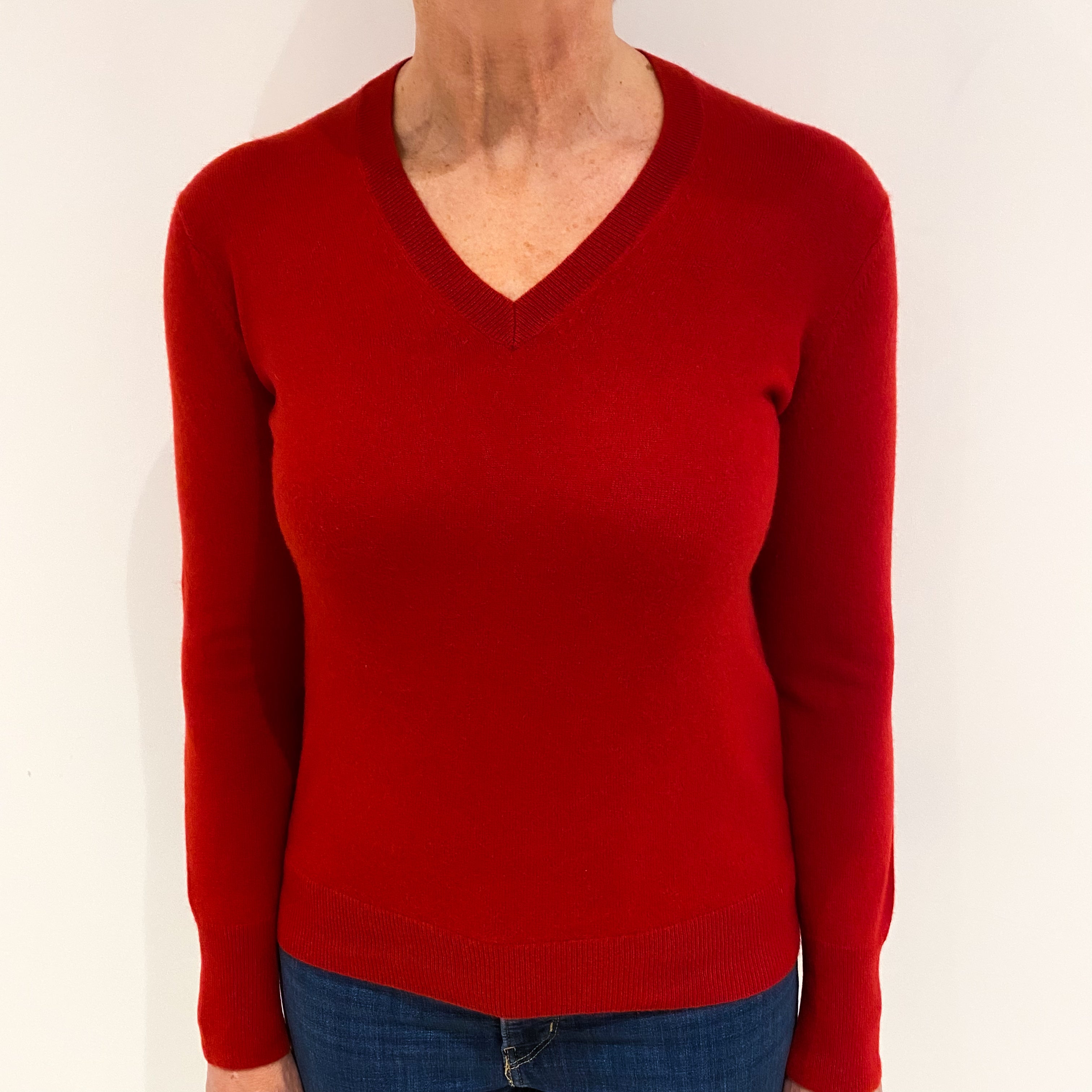 Scarlet Red Cashmere V Neck Jumper Medium