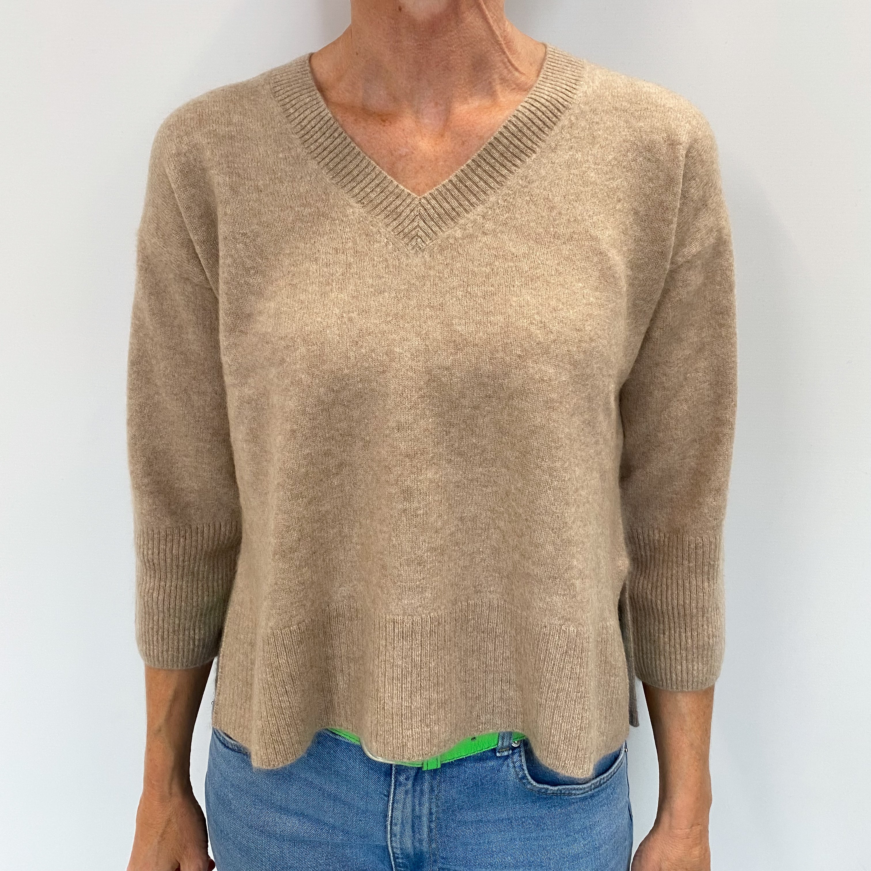 Taupe Brown Cashmere V Neck Jumper Small