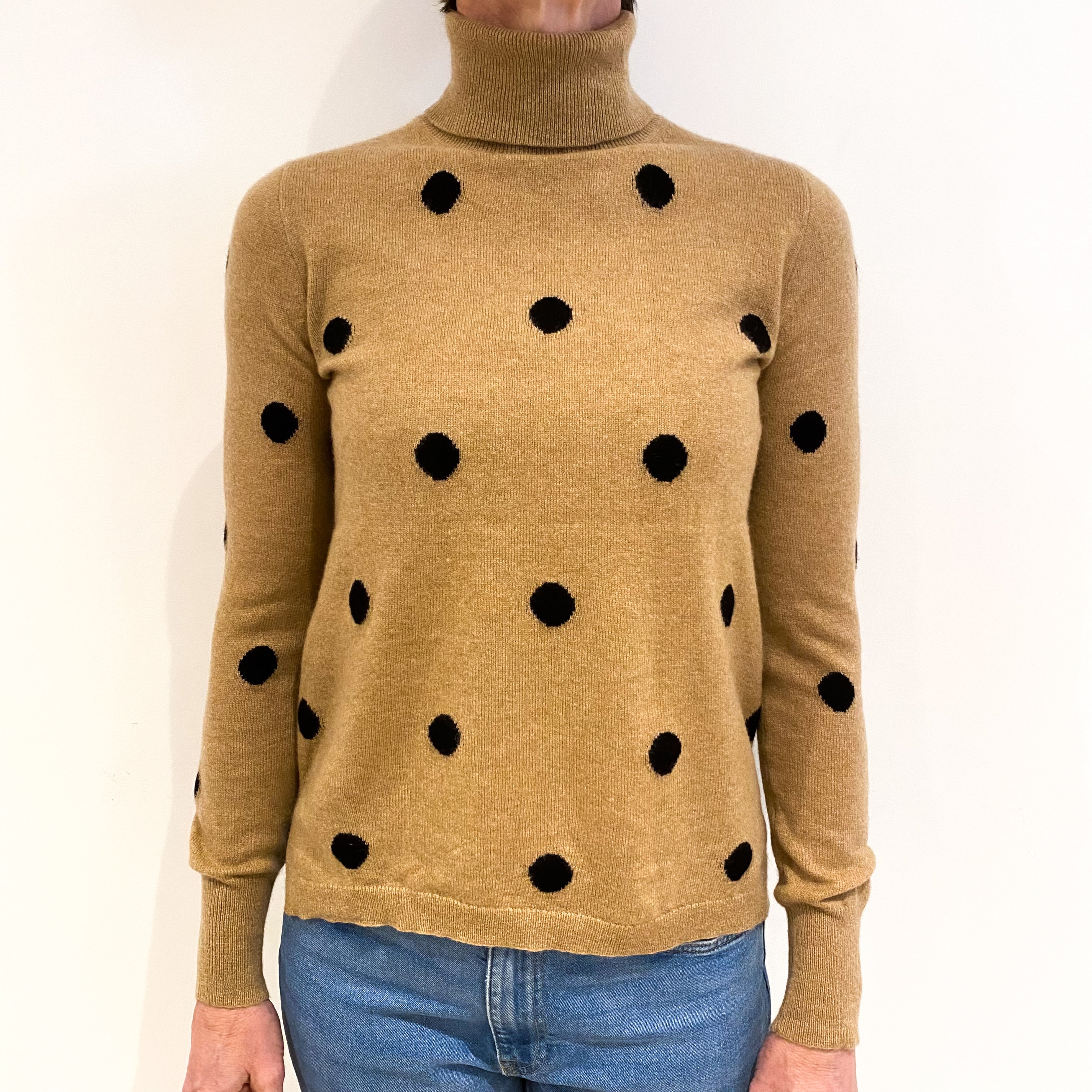 Caramel with Black Polka Dot Cashmere Polo Neck Jumper Small