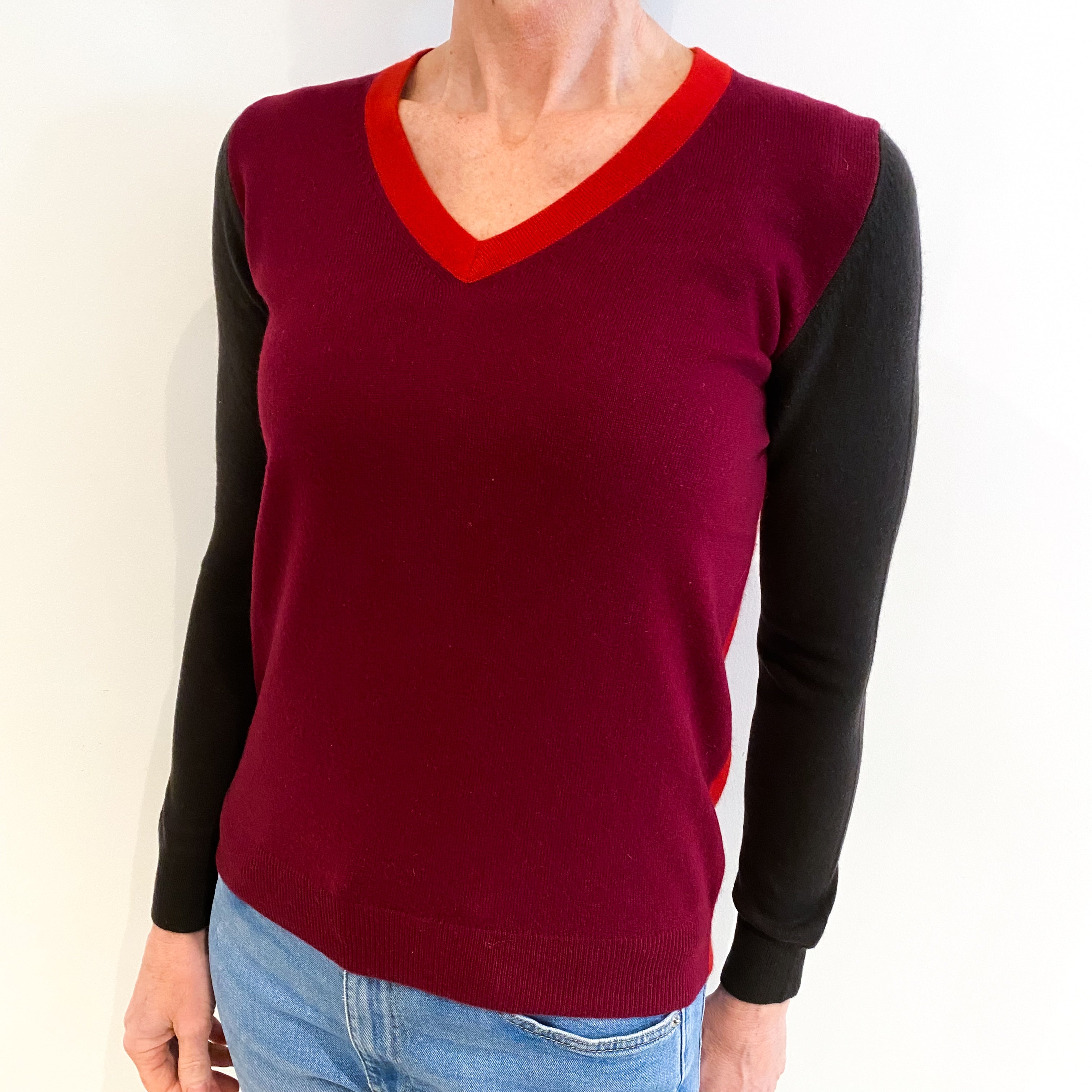 Burgundy Colour Block Cashmere V Neck Jumper Small