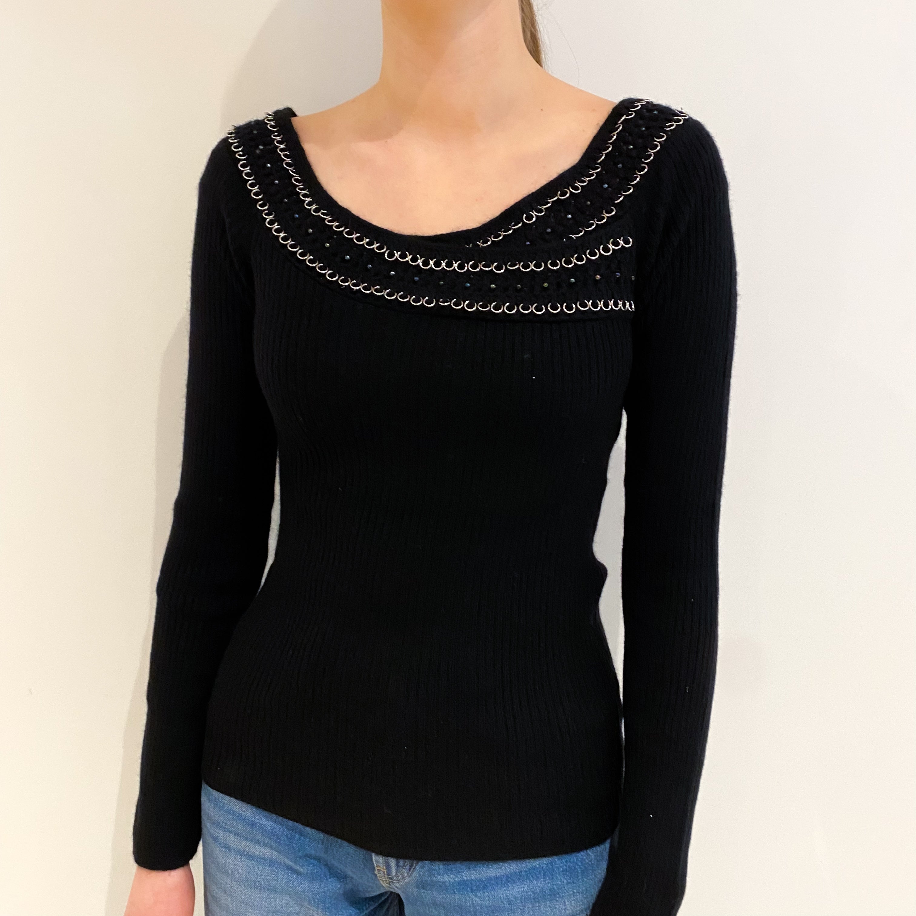 Black Embellished Cashmere Slash Neck Jumper Extra Small