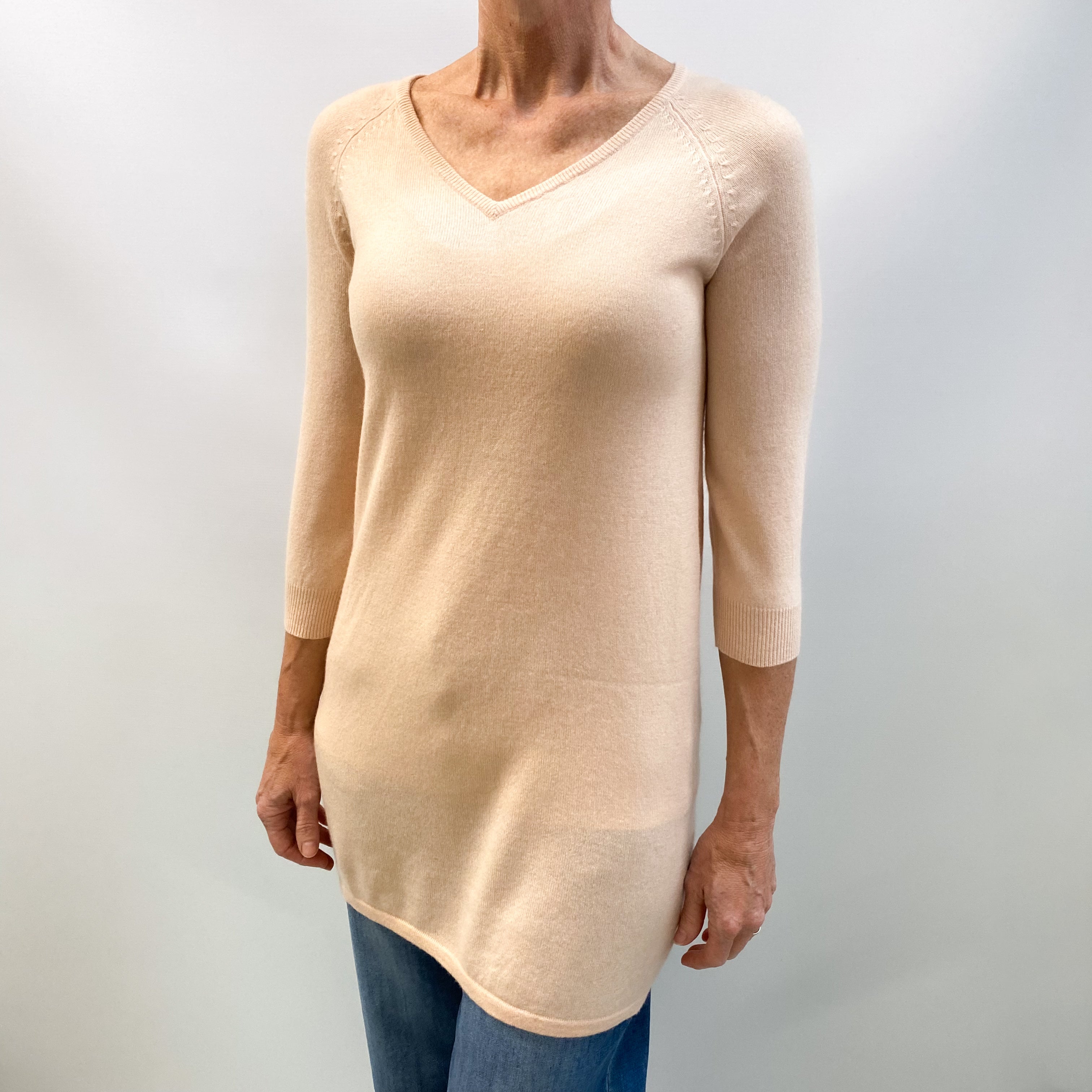 Nude Pink Cashmere V Neck Longline Jumper Small