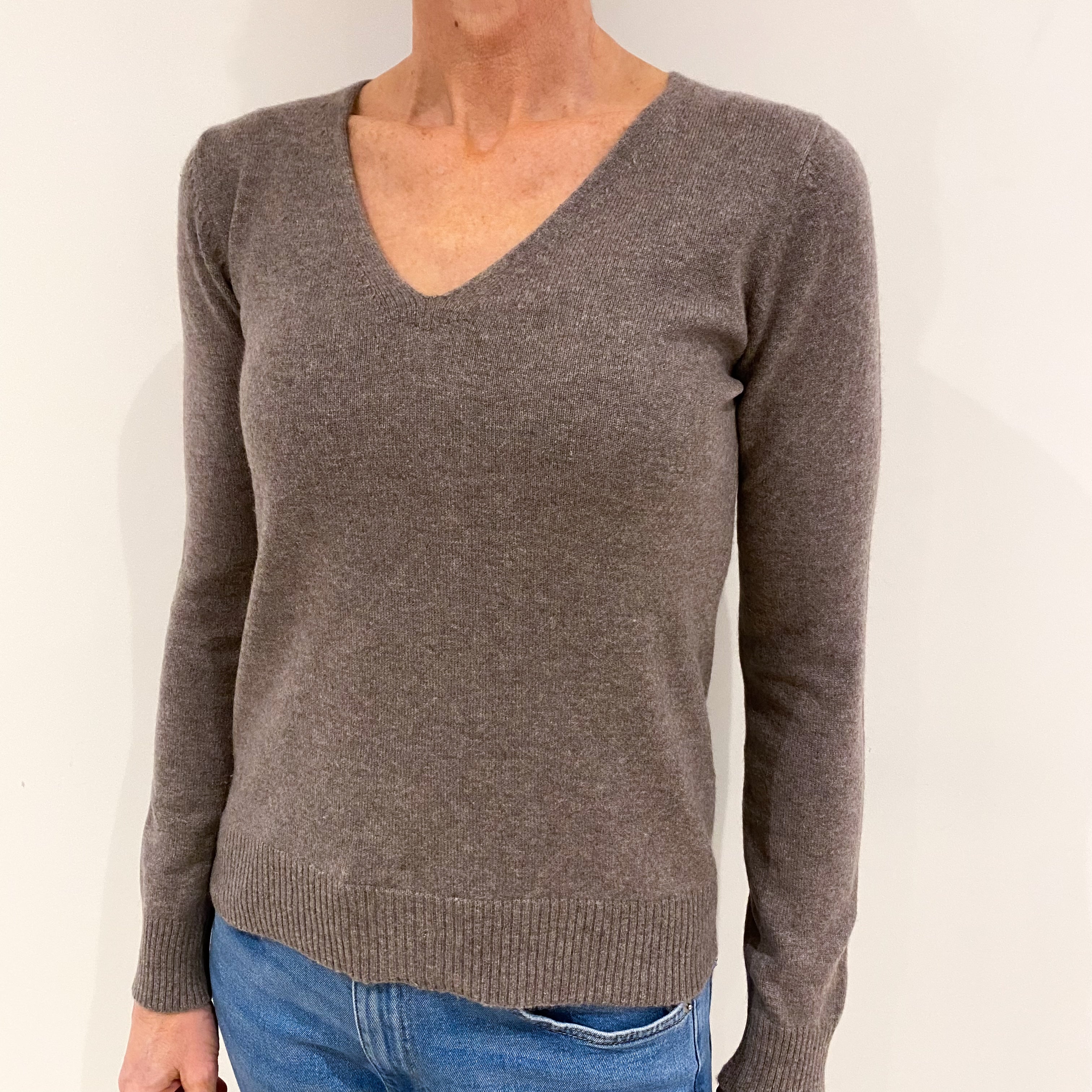 Mocha Grey Cashmere V Neck Jumper Small