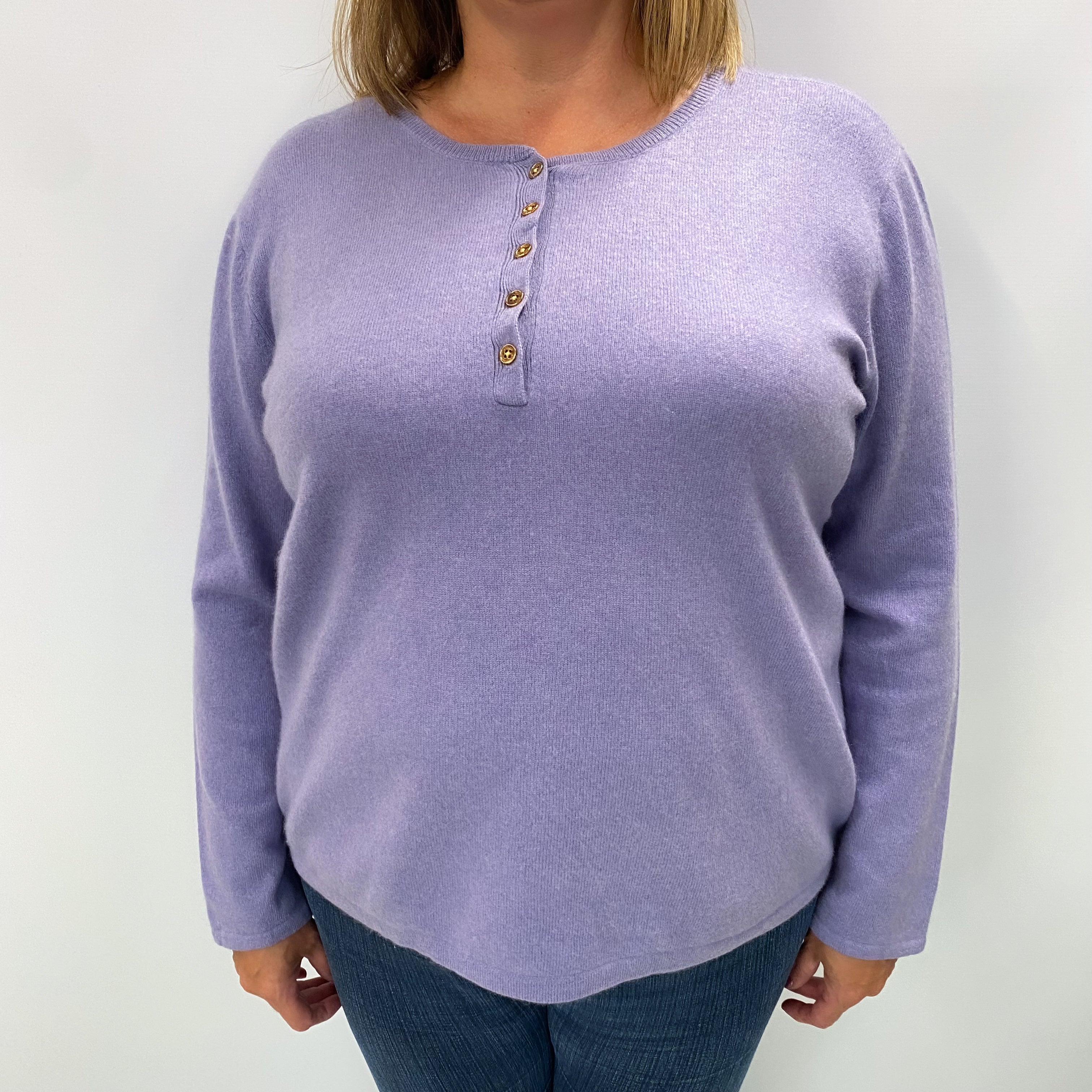 Ralph Lauren Lavender Purple Cashmere Button Crew Neck Jumper Extra Large