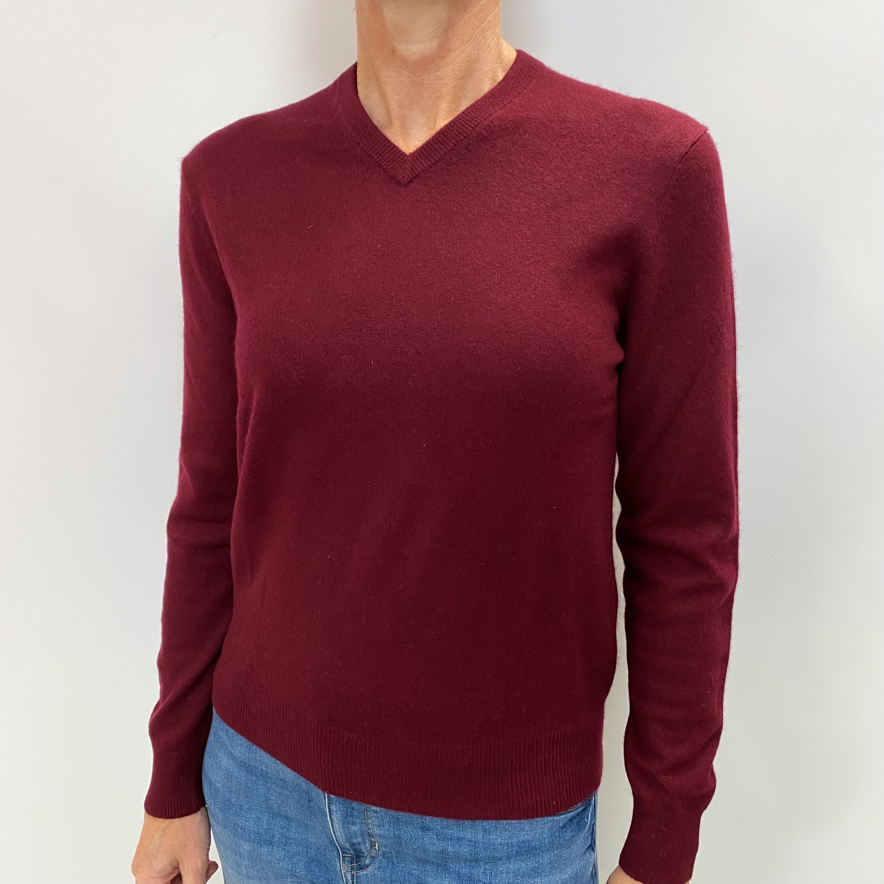 Burgundy Red Cashmere V Neck Jumper Small