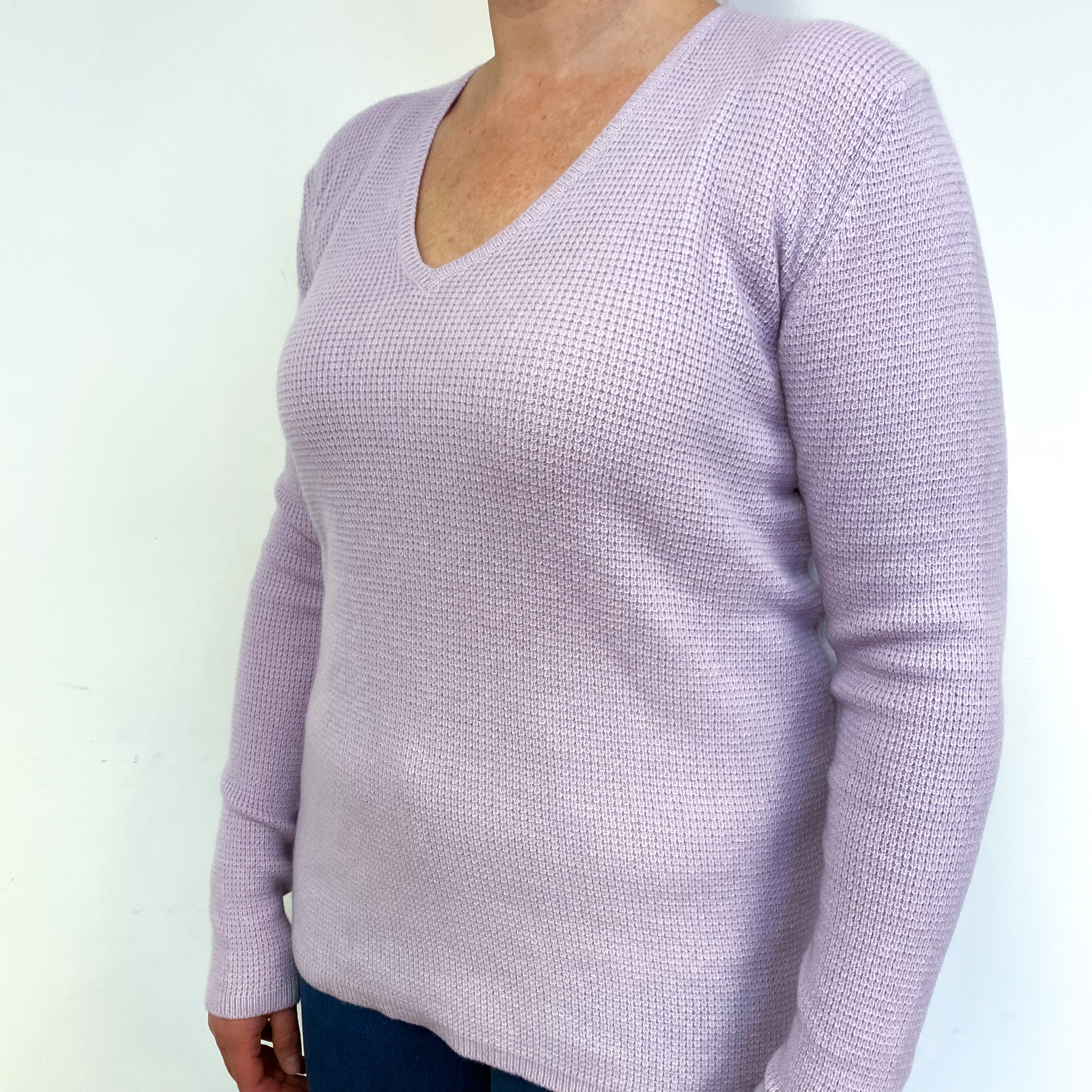 Lilac Purple Waffle Cashmere V-Neck Jumper Large