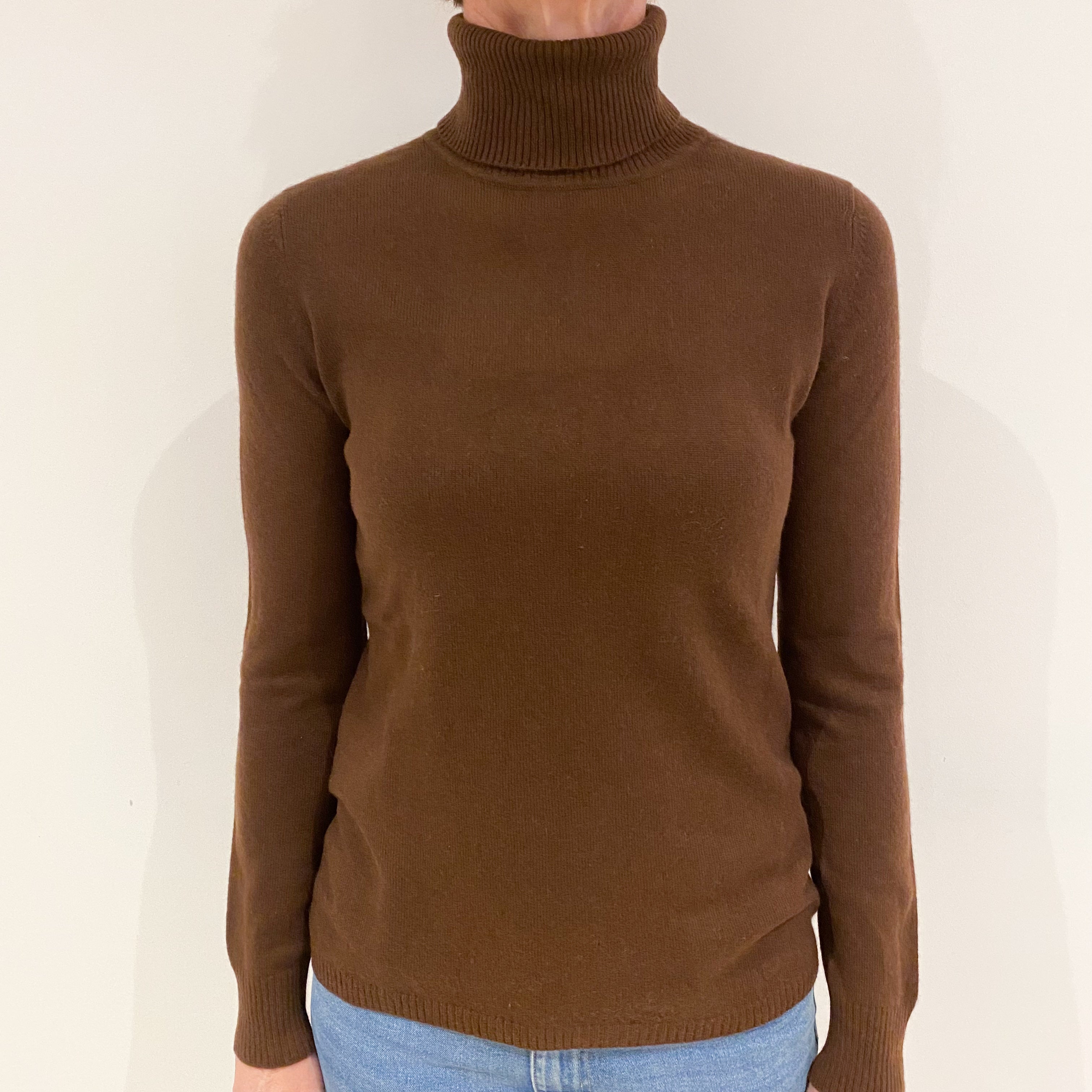 Umber Brown Cashmere Polo Neck Jumper Small