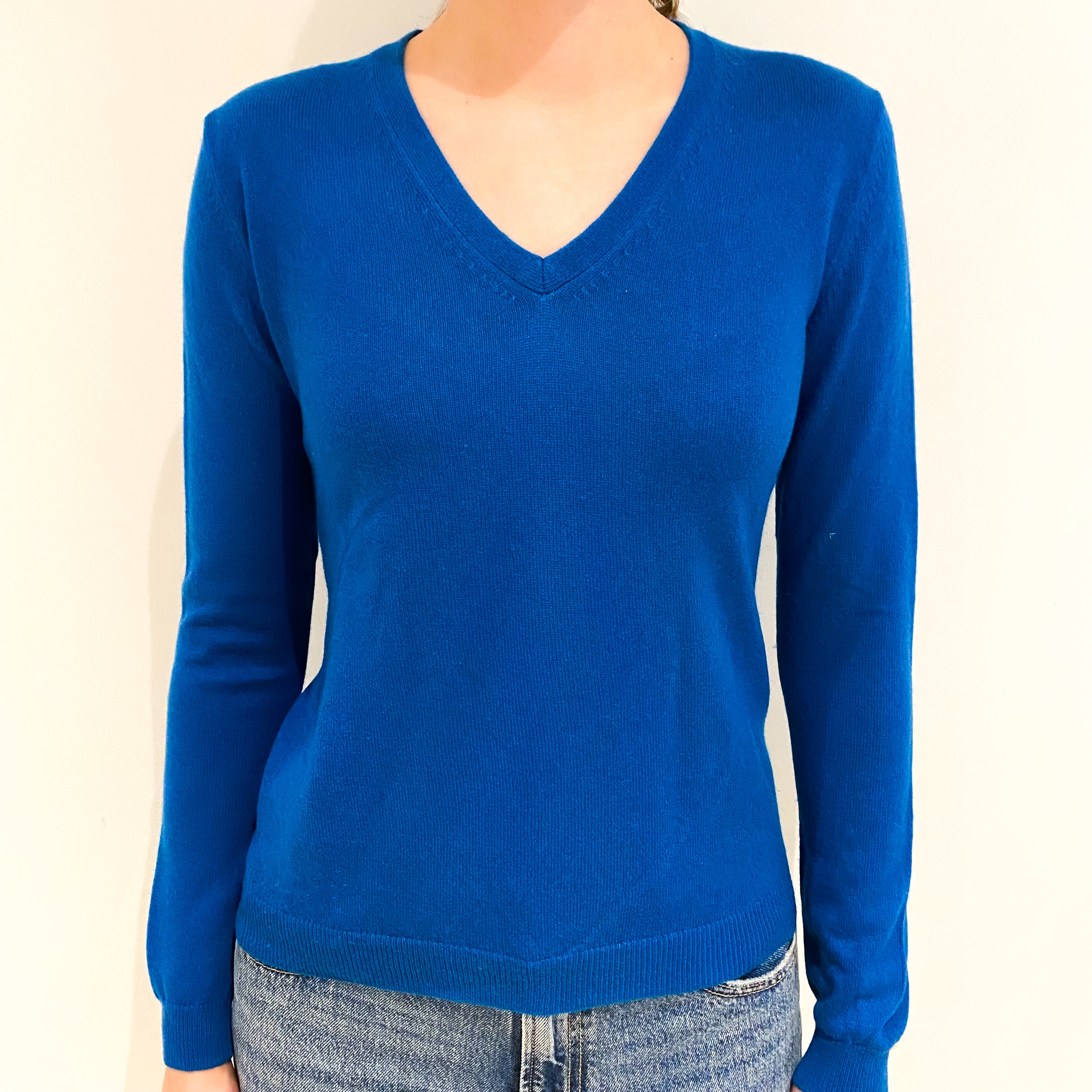 Peacock Blue Cashmere V Neck Jumper Extra Small