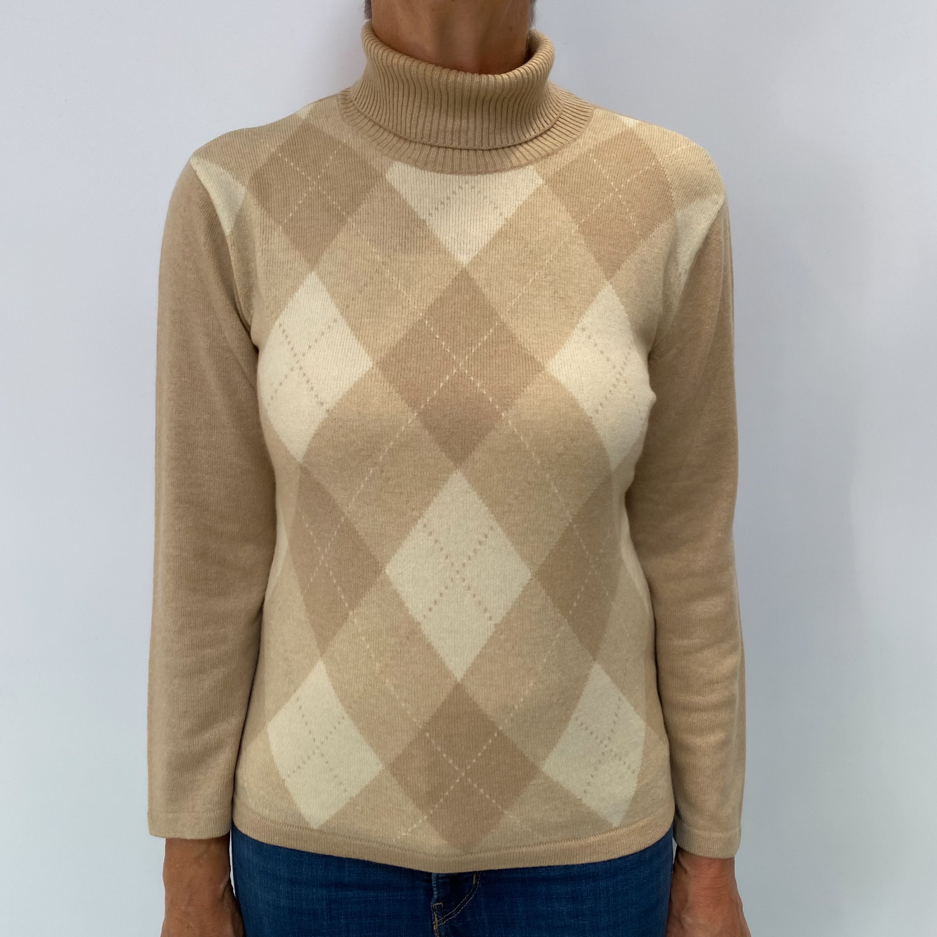 Sand Beige Cashmere Polo Neck Jumper Medium