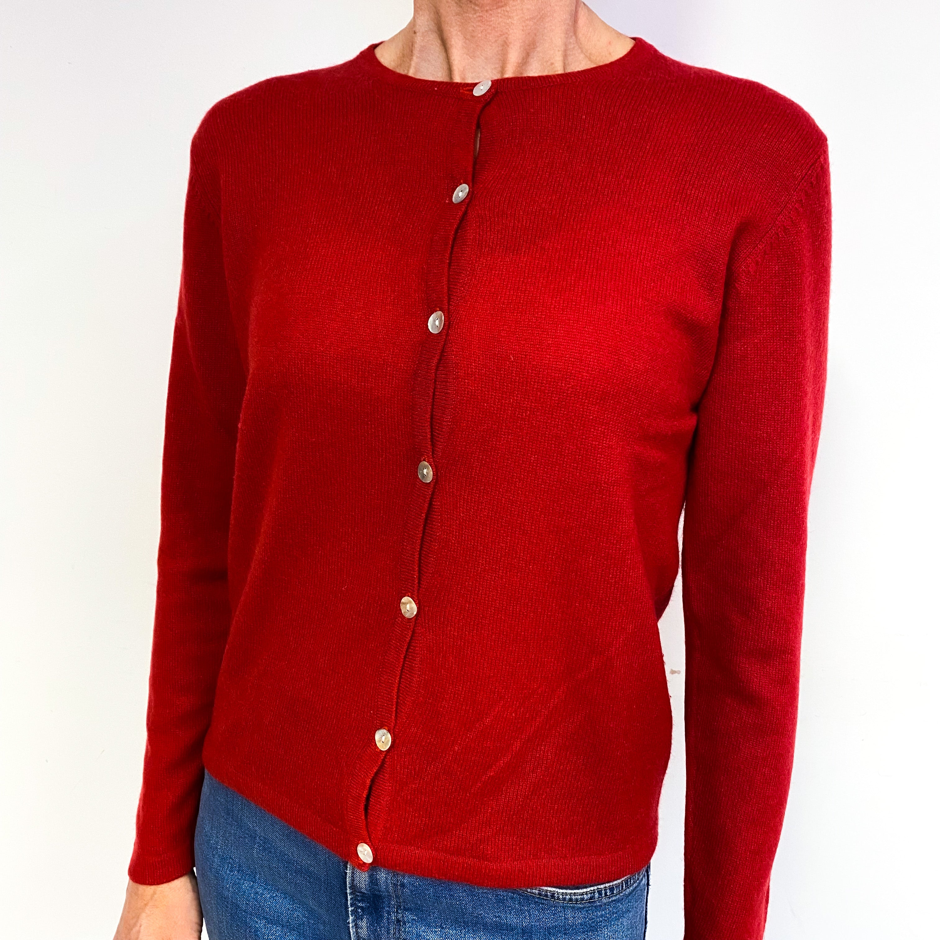 Post Box Red Cashmere Crew Neck Cardigan Medium