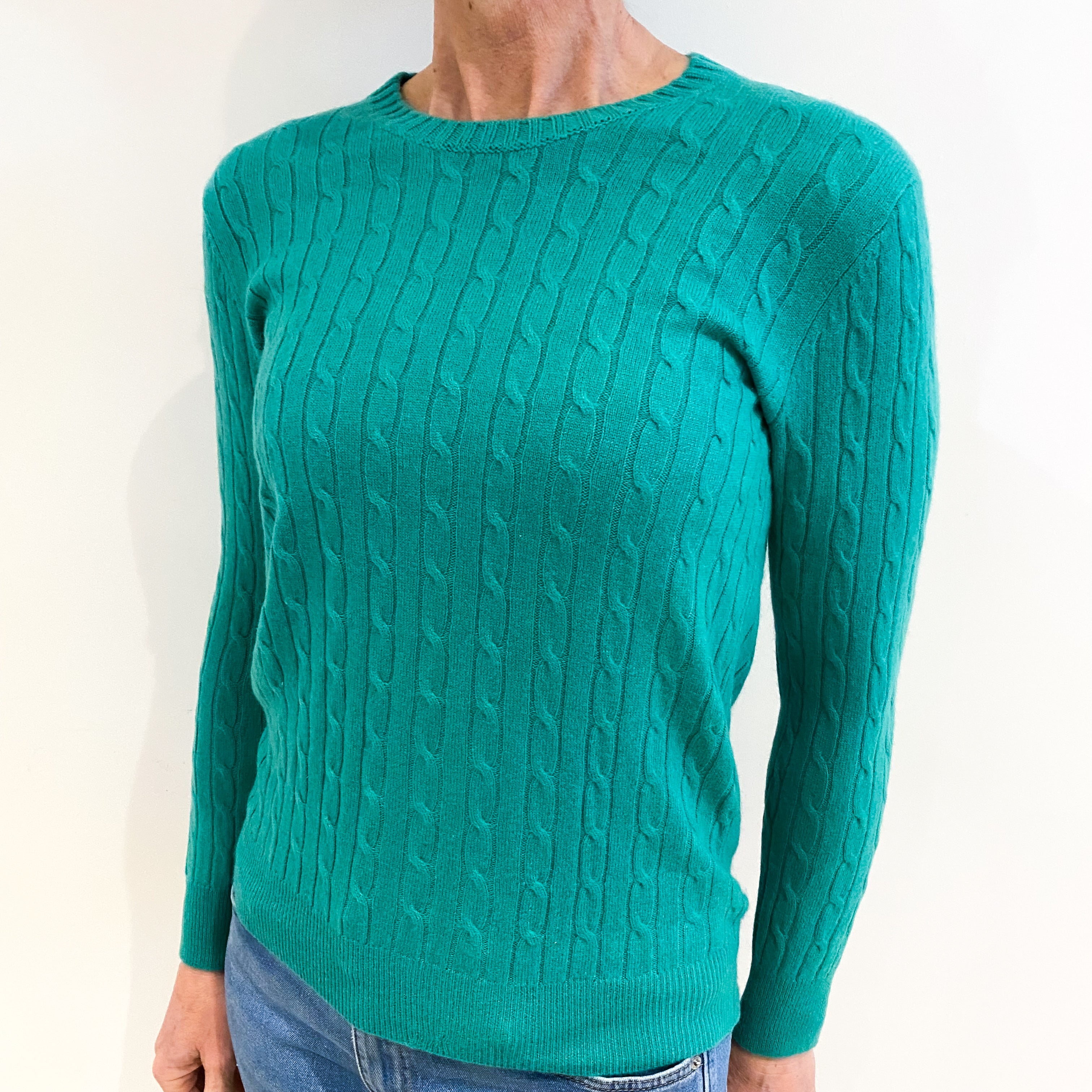 Jade Green Cashmere Crew Neck Cable Knit Jumper Small