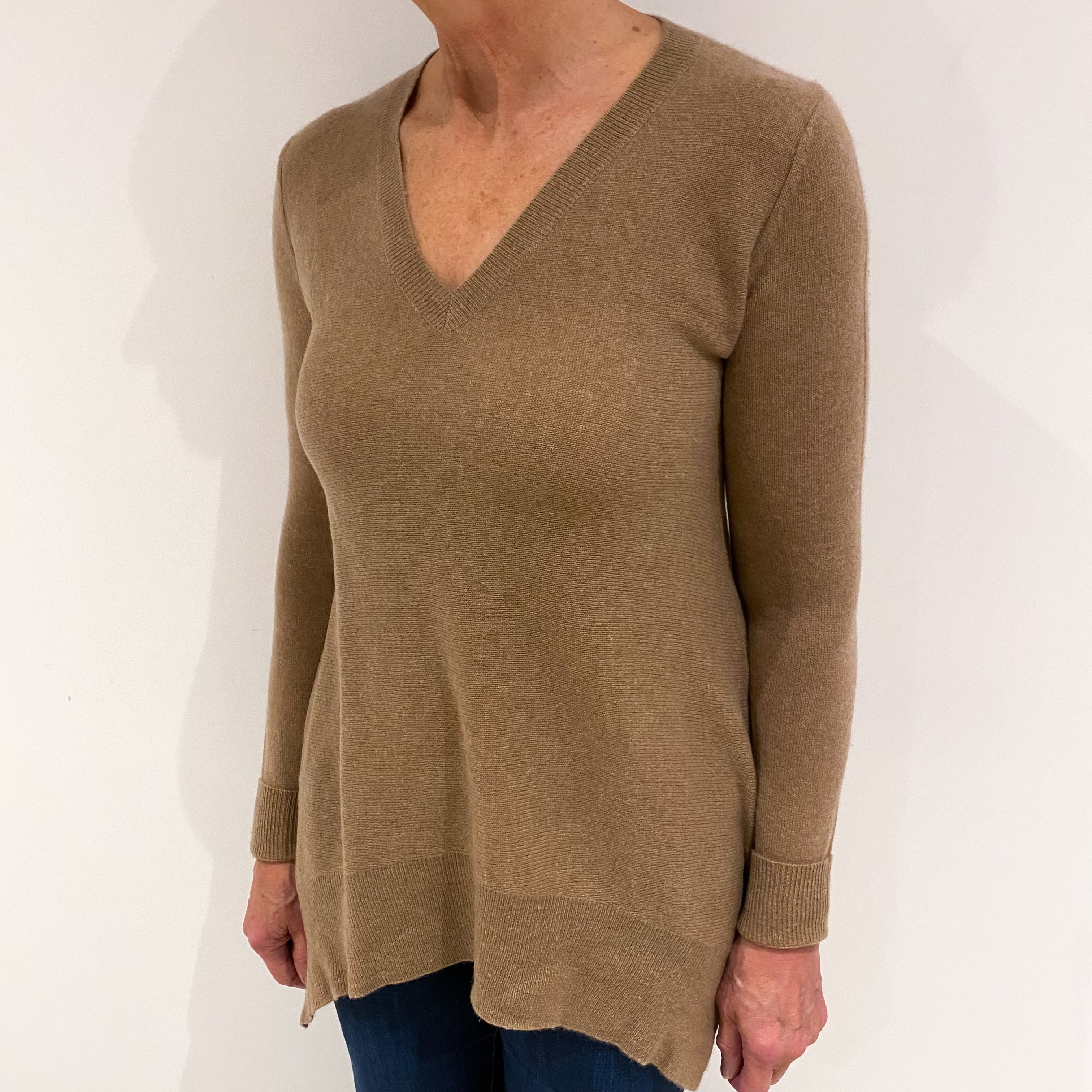 Camel Brown Cashmere V Neck Tunic Jumper Medium