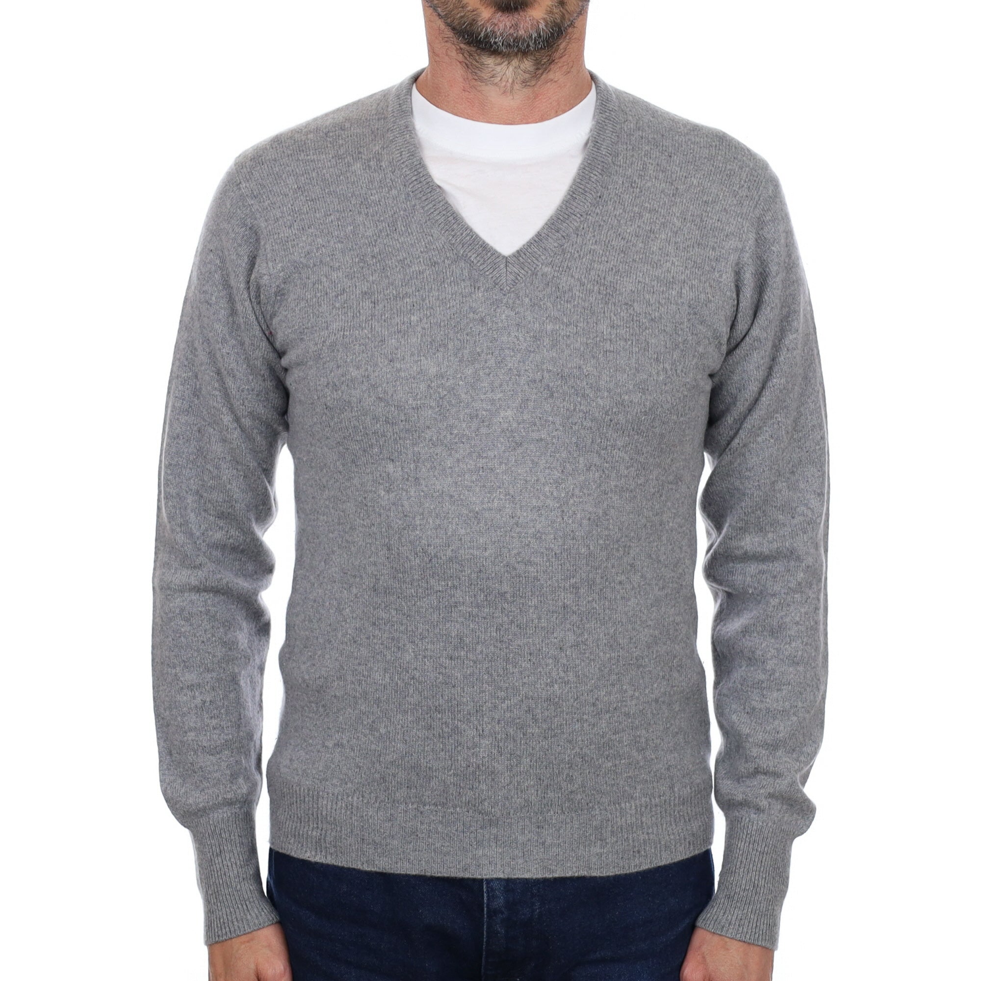 Men's Ash Grey Cashmere V Neck Jumper Small