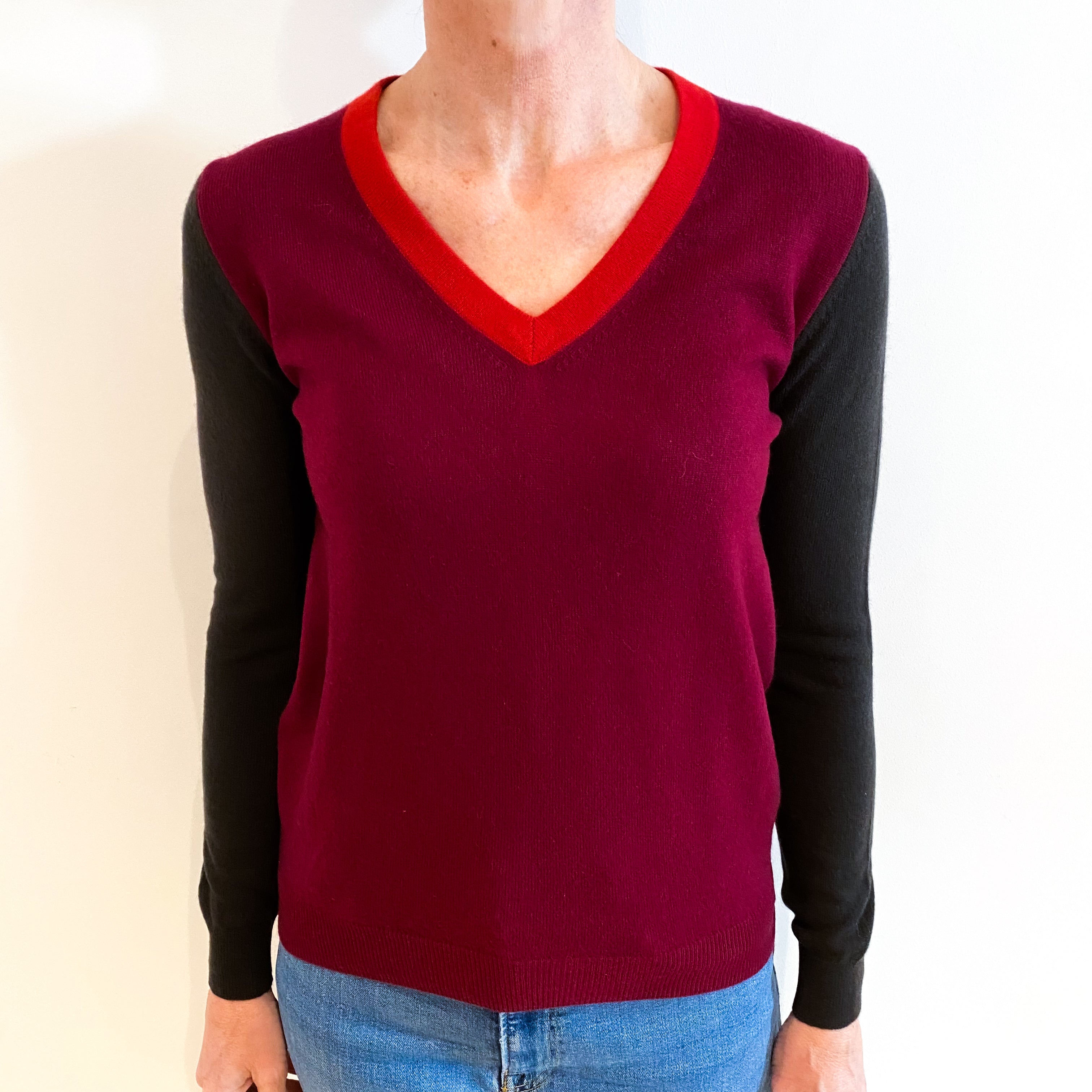 Burgundy Chocolate and Red Cashmere V Neck Jumper Small