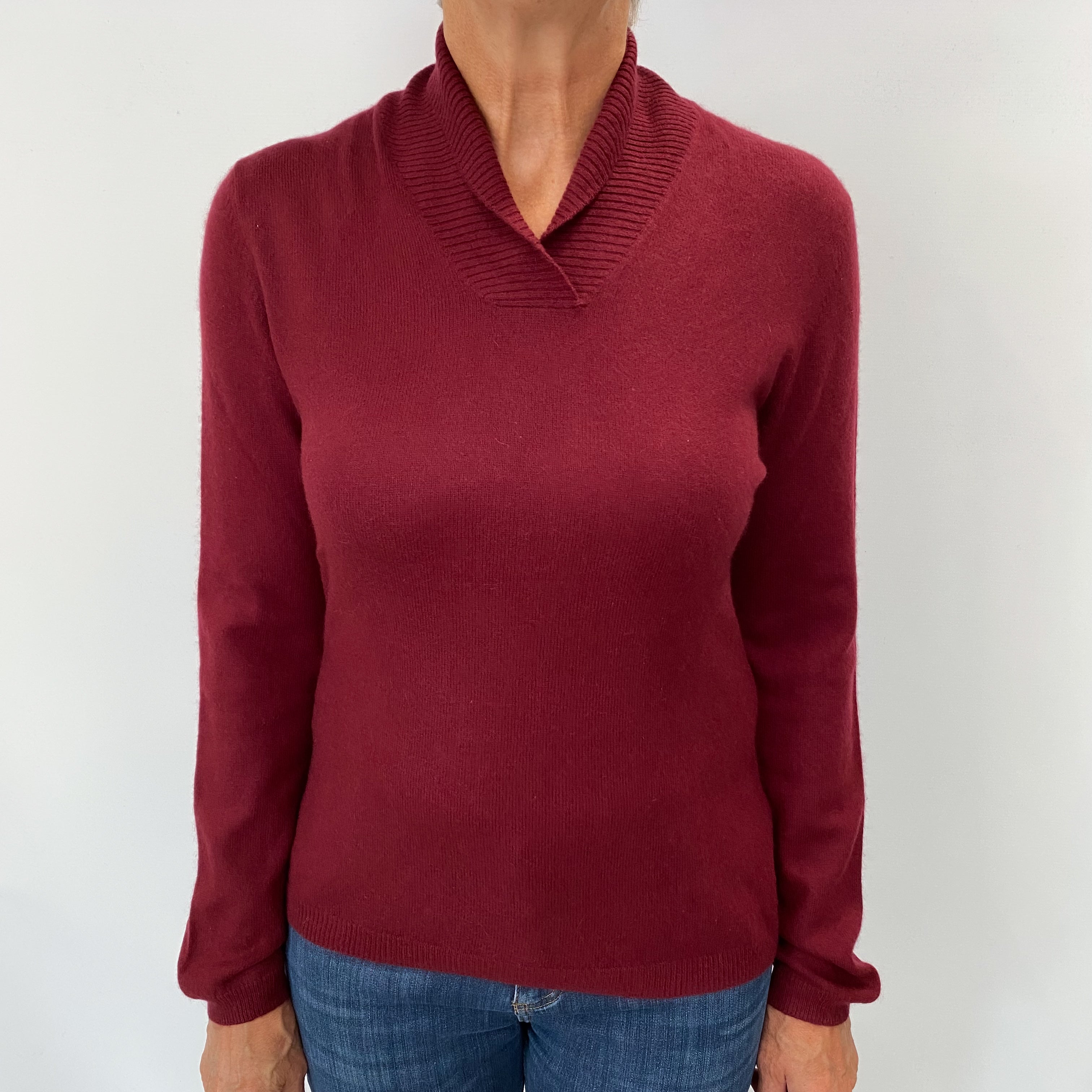 Burgundy Red Cashmere Shawl Collar Jumper Medium