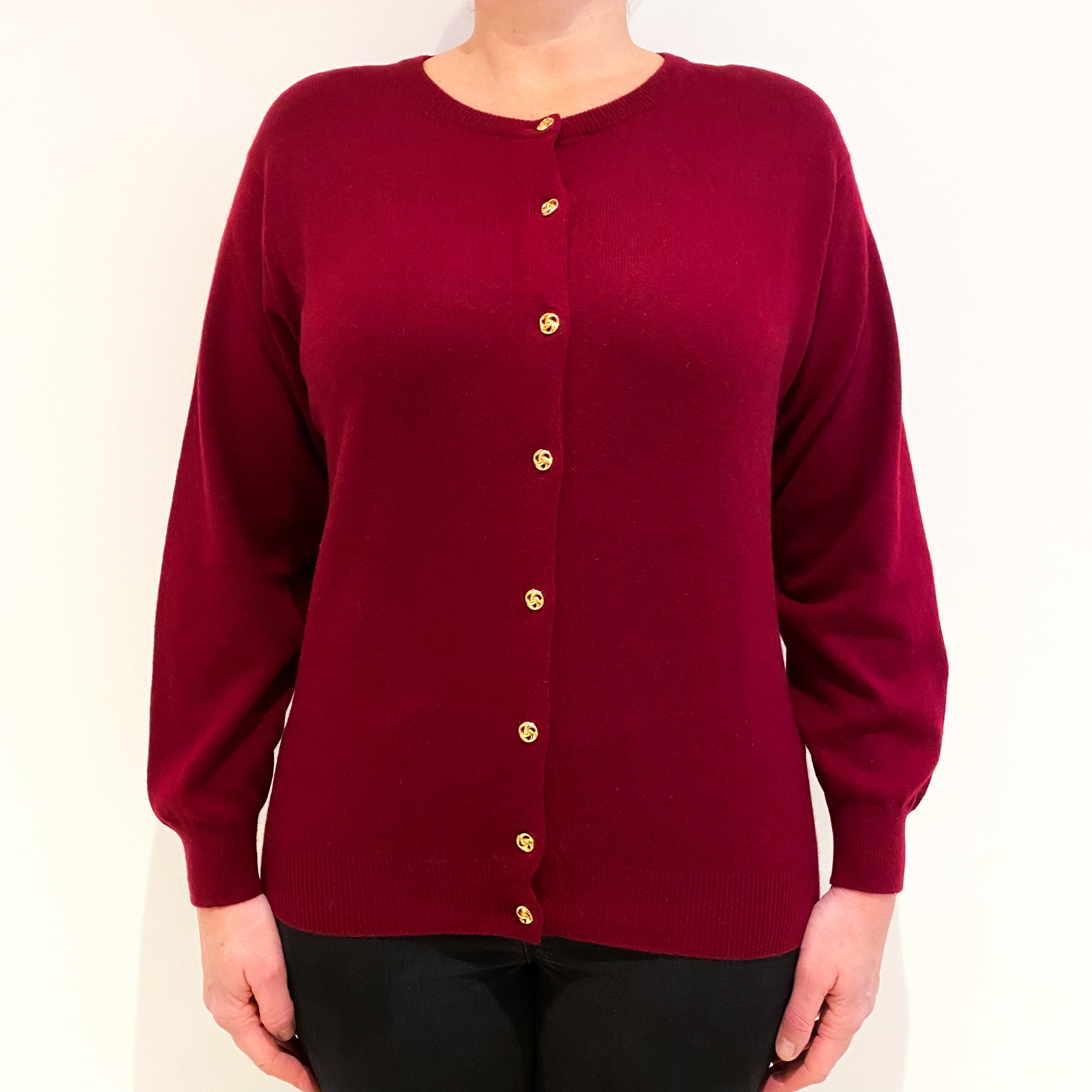 Wine Red Cashmere Crew Neck Cardigan Large