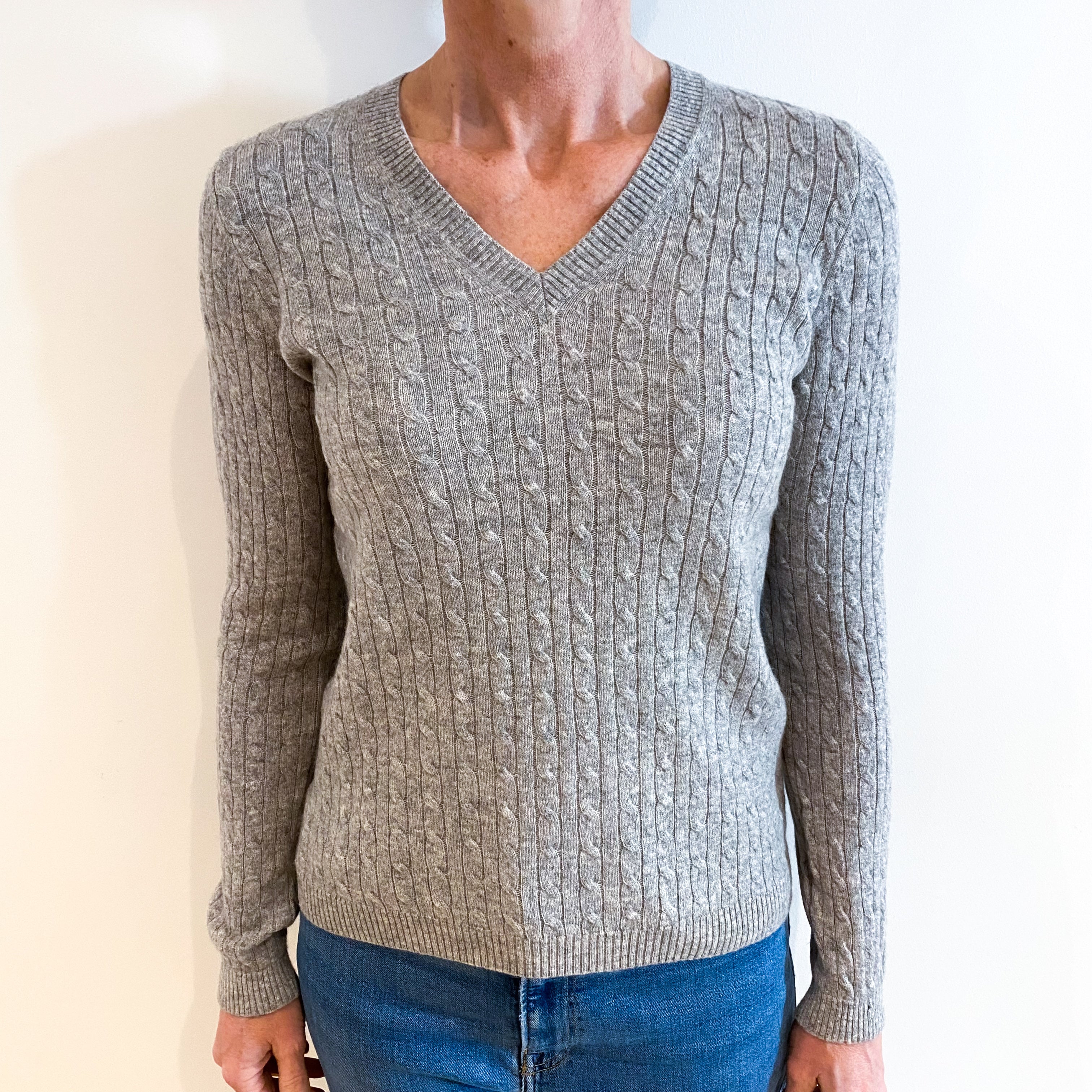 Smoke Grey Cable Cashmere V Neck Jumper Small