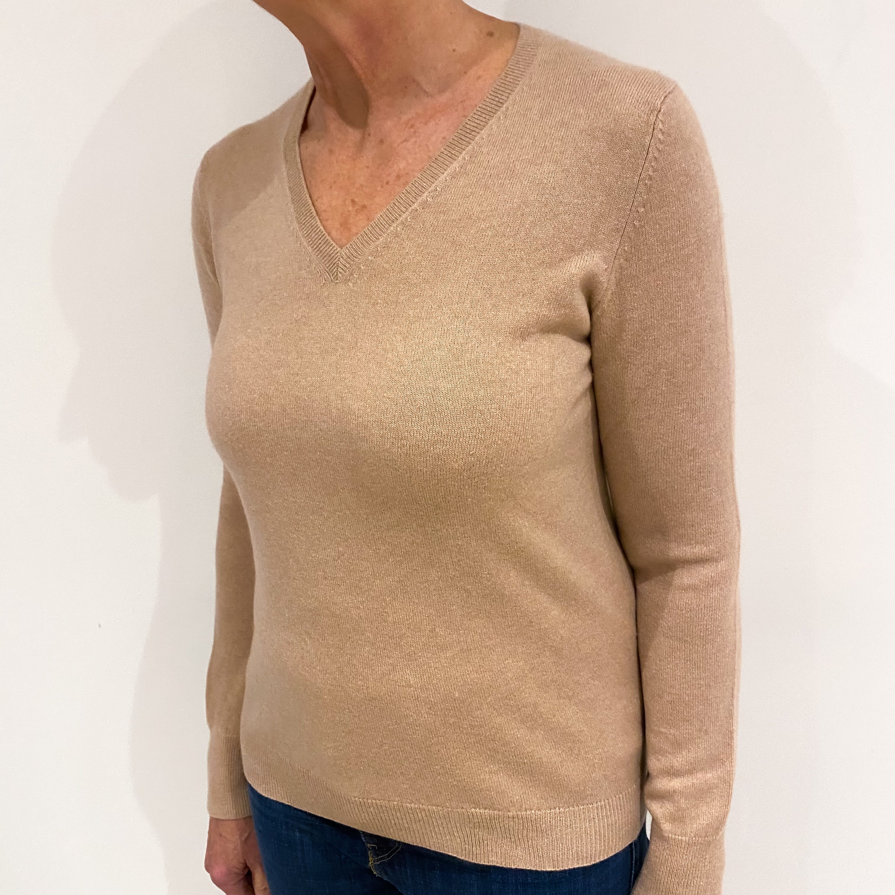 Buff Beige Cashmere V Neck Jumper Medium