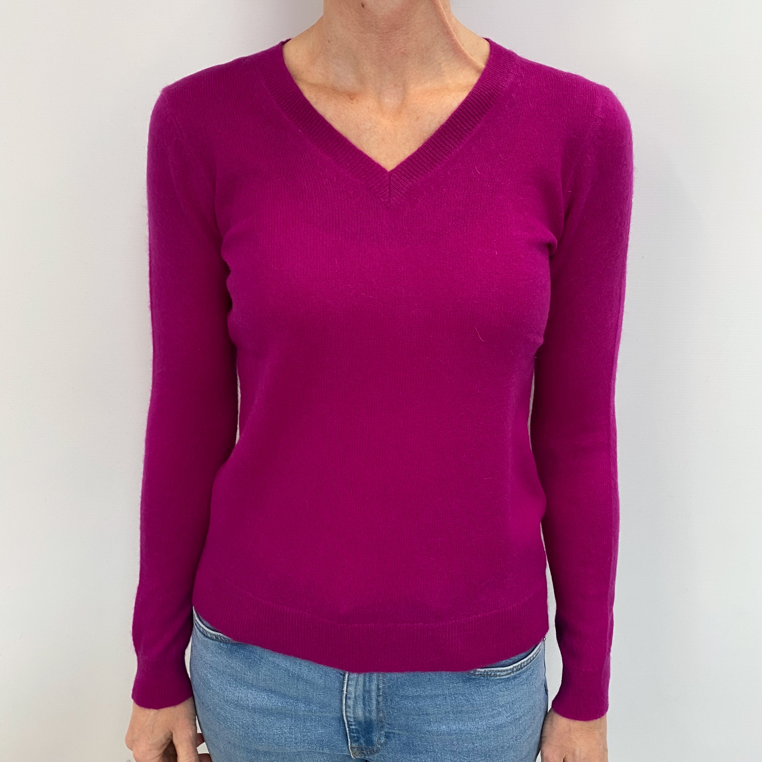 Bright Magenta Cashmere V Neck Jumper Small