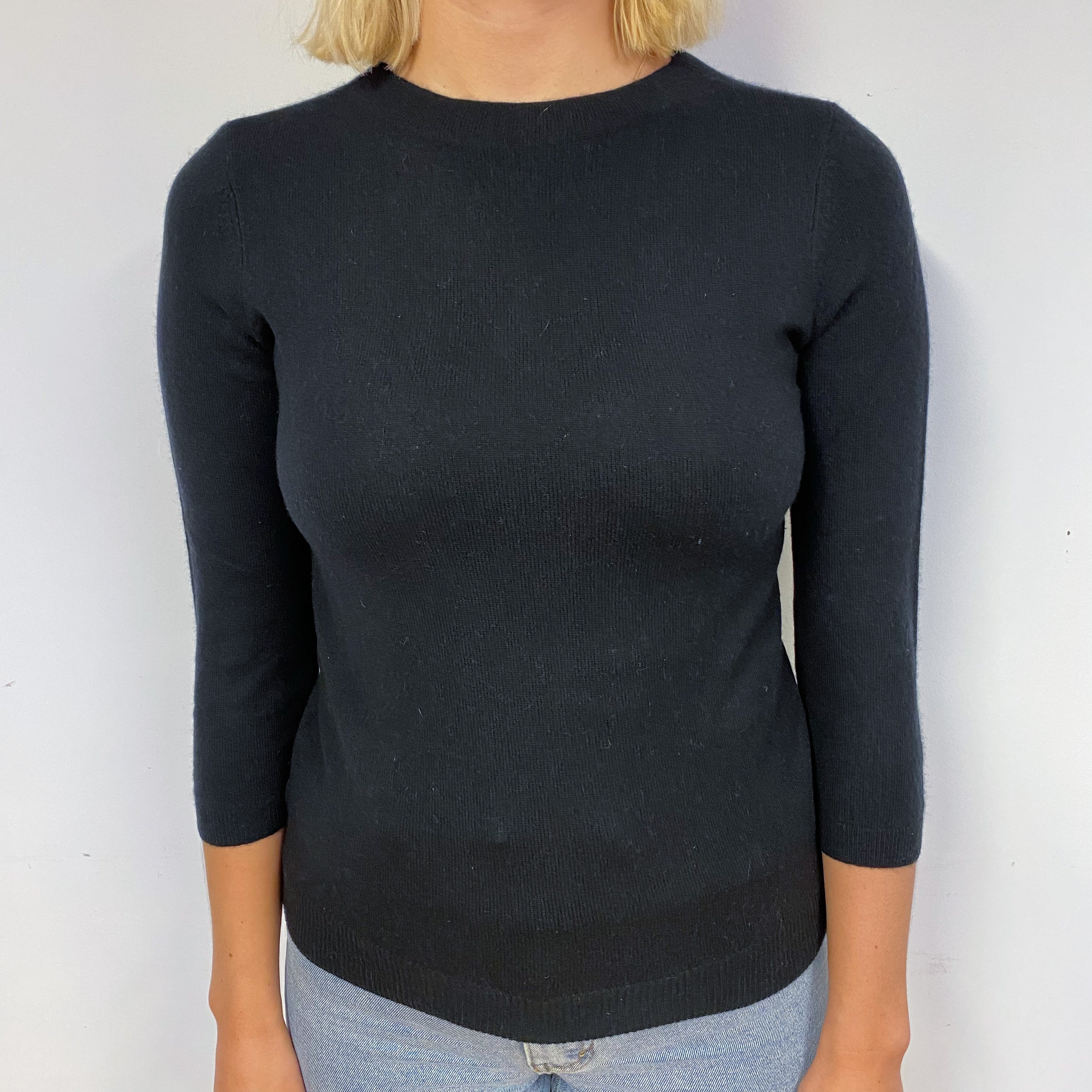 Black 3/4 Sleeve Cashmere Crew Neck Jumper Small