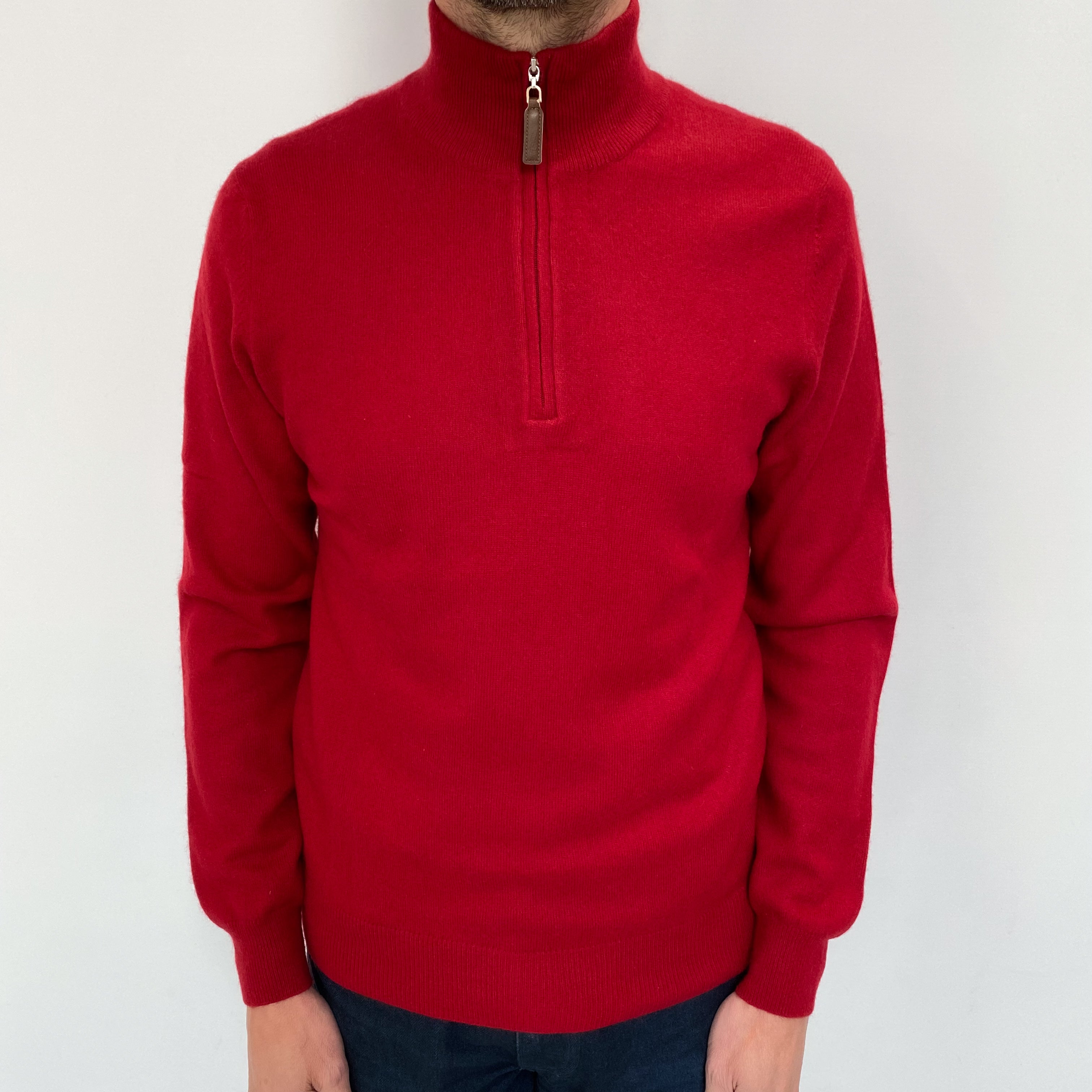 Men's Crimson Red Cashmere 1/4 Zip V Neck Jumper Small