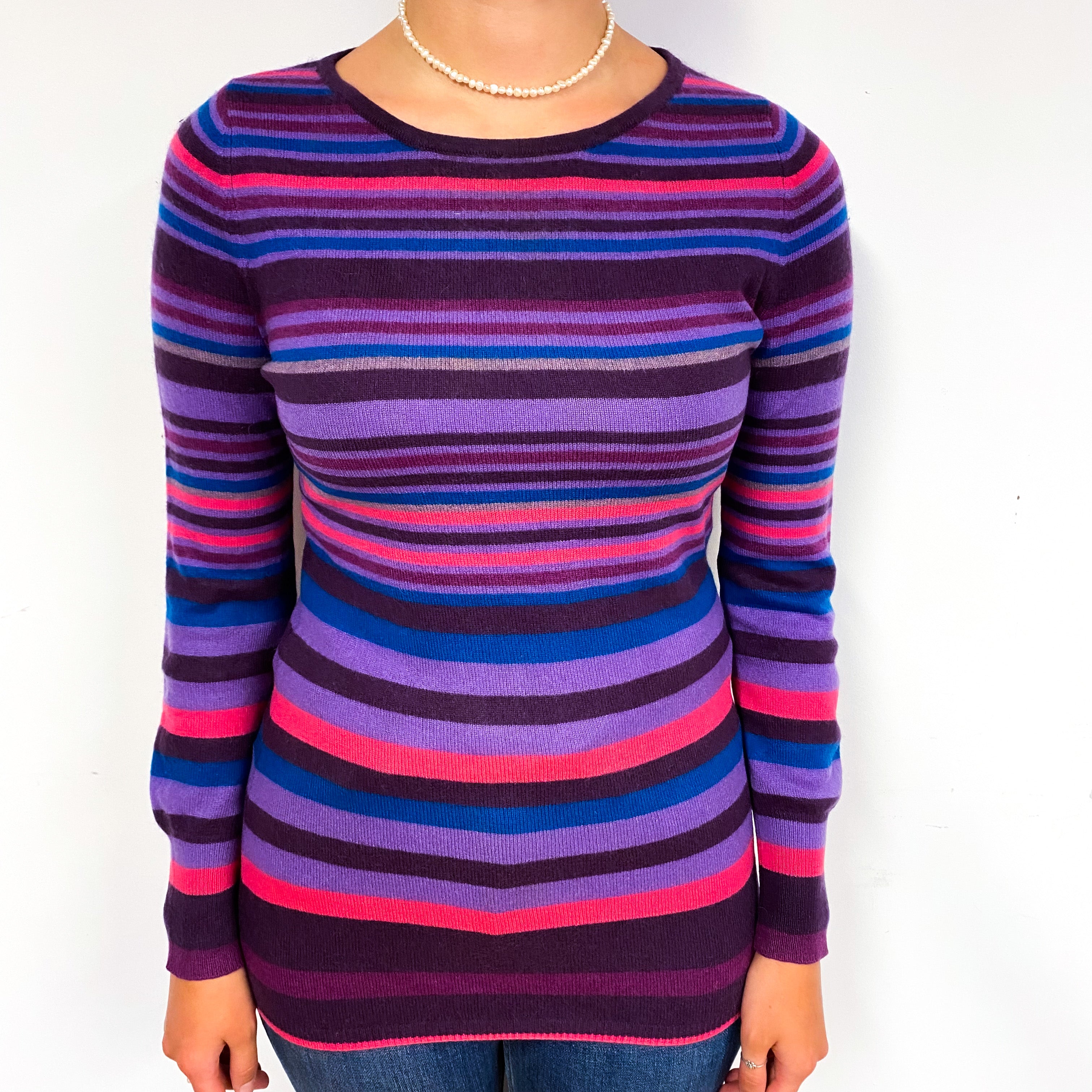 Purple Pink Stripe Longline Cashmere Crew Neck Jumper Small