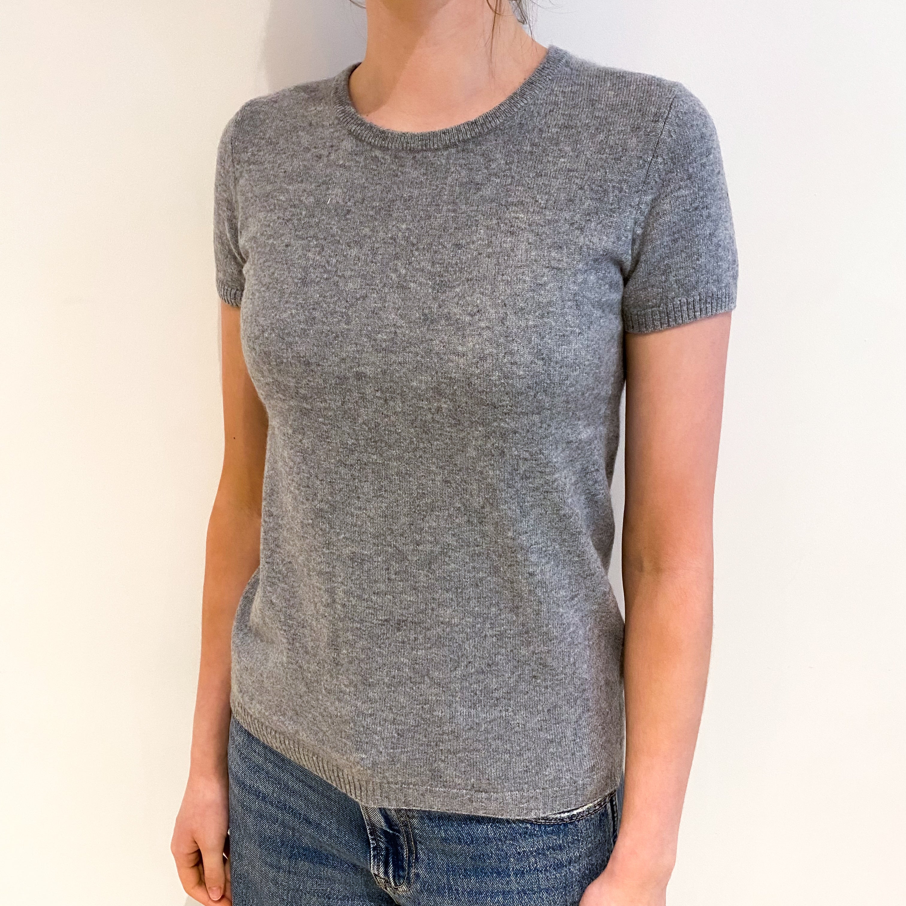 Smoke Grey Cashmere Crew Neck Short Sleeved Jumper Extra Small