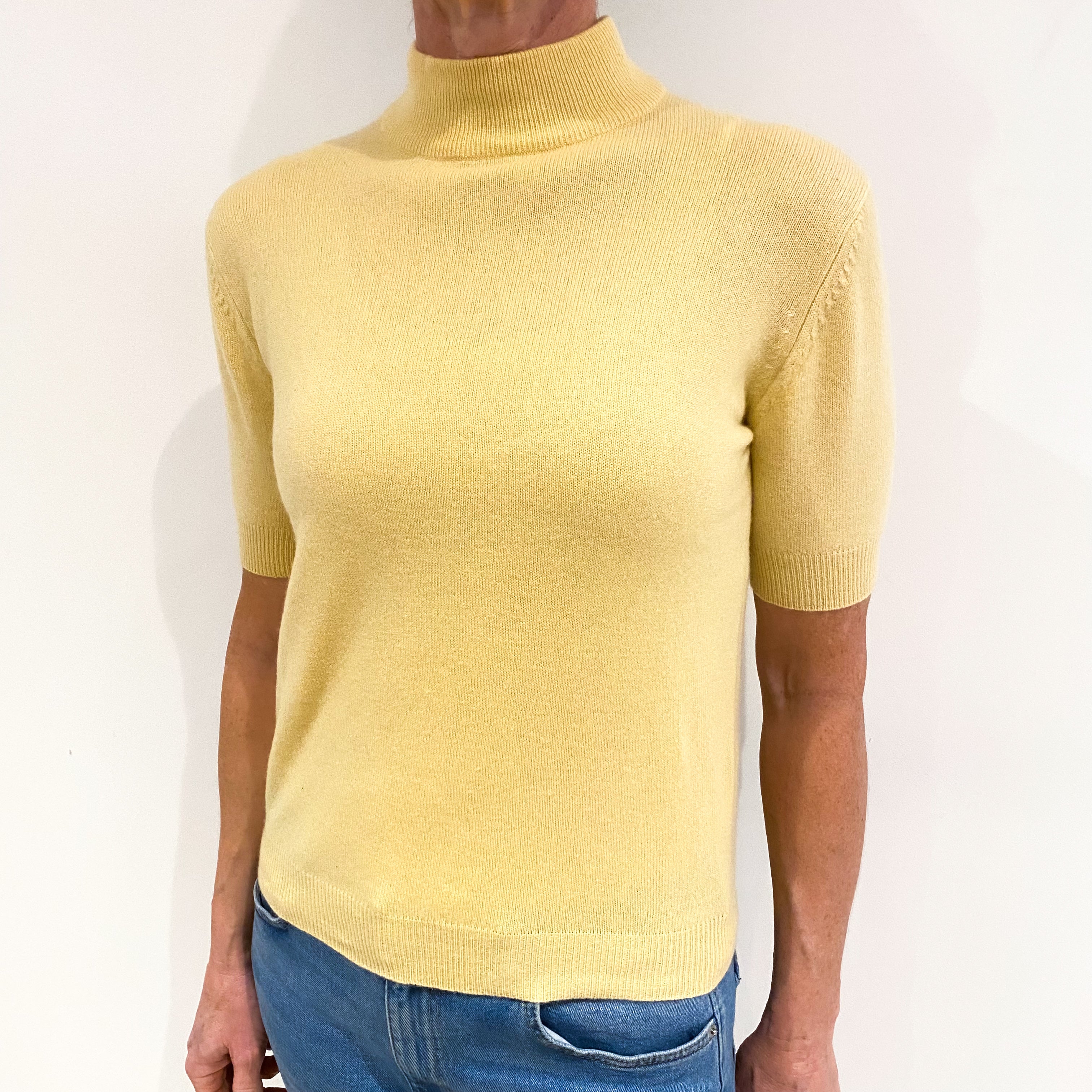 Custard Yellow Cashmere Short Sleeve Turtle Neck Jumper Small