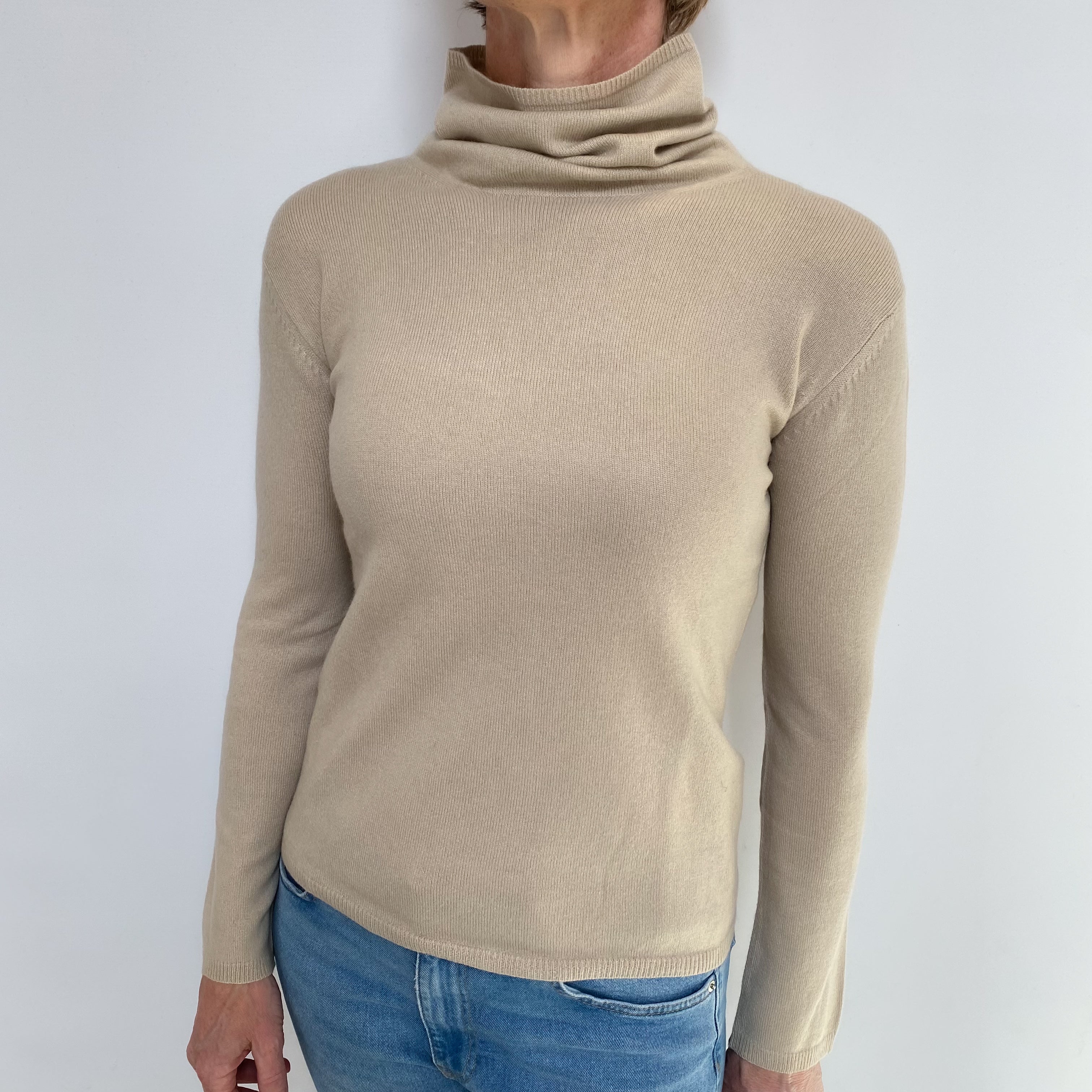 Oatmeal Beige Cashmere Funnel Neck Jumper Small