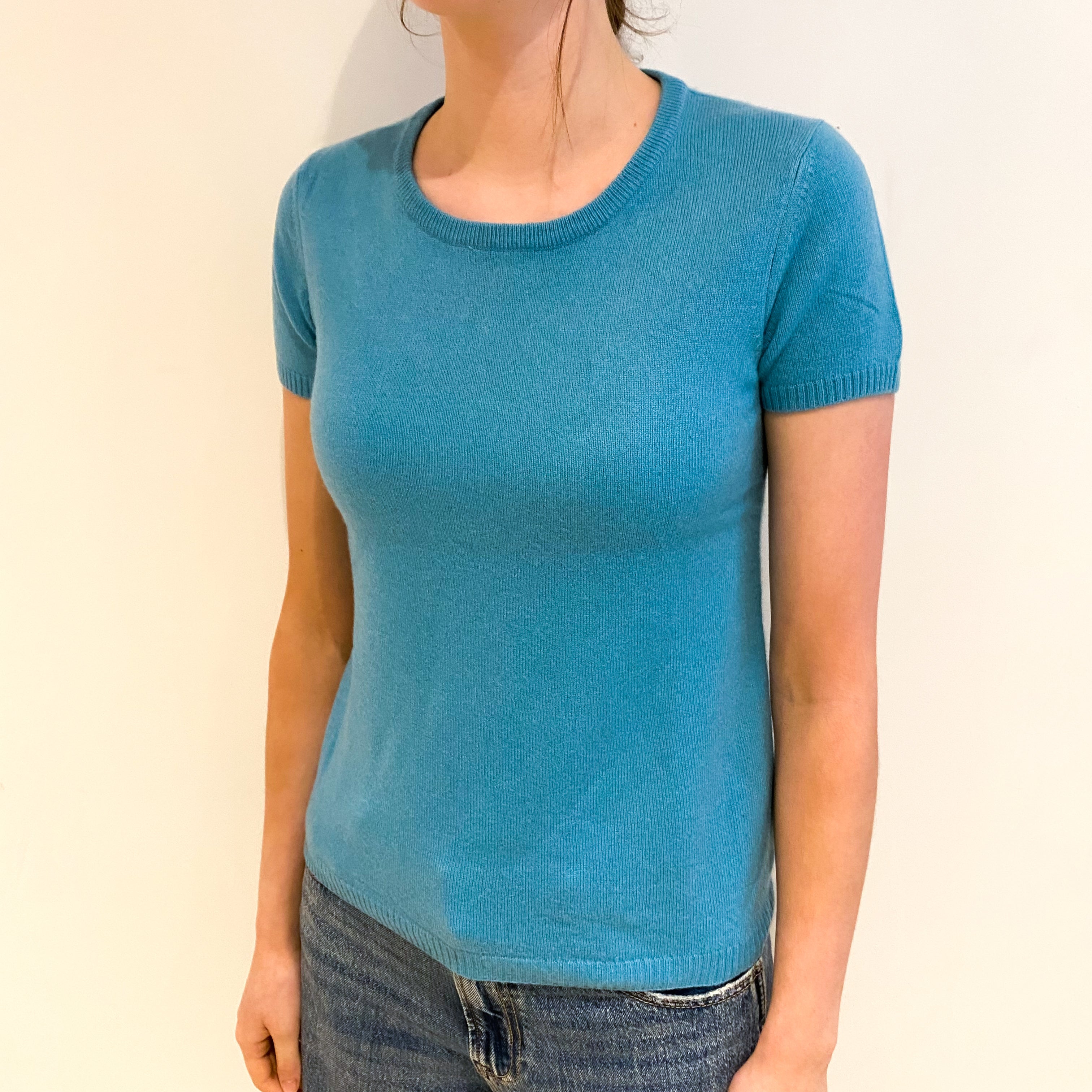 Aqua Blue Cashmere Crew Neck Short Sleeved Jumper Extra Small