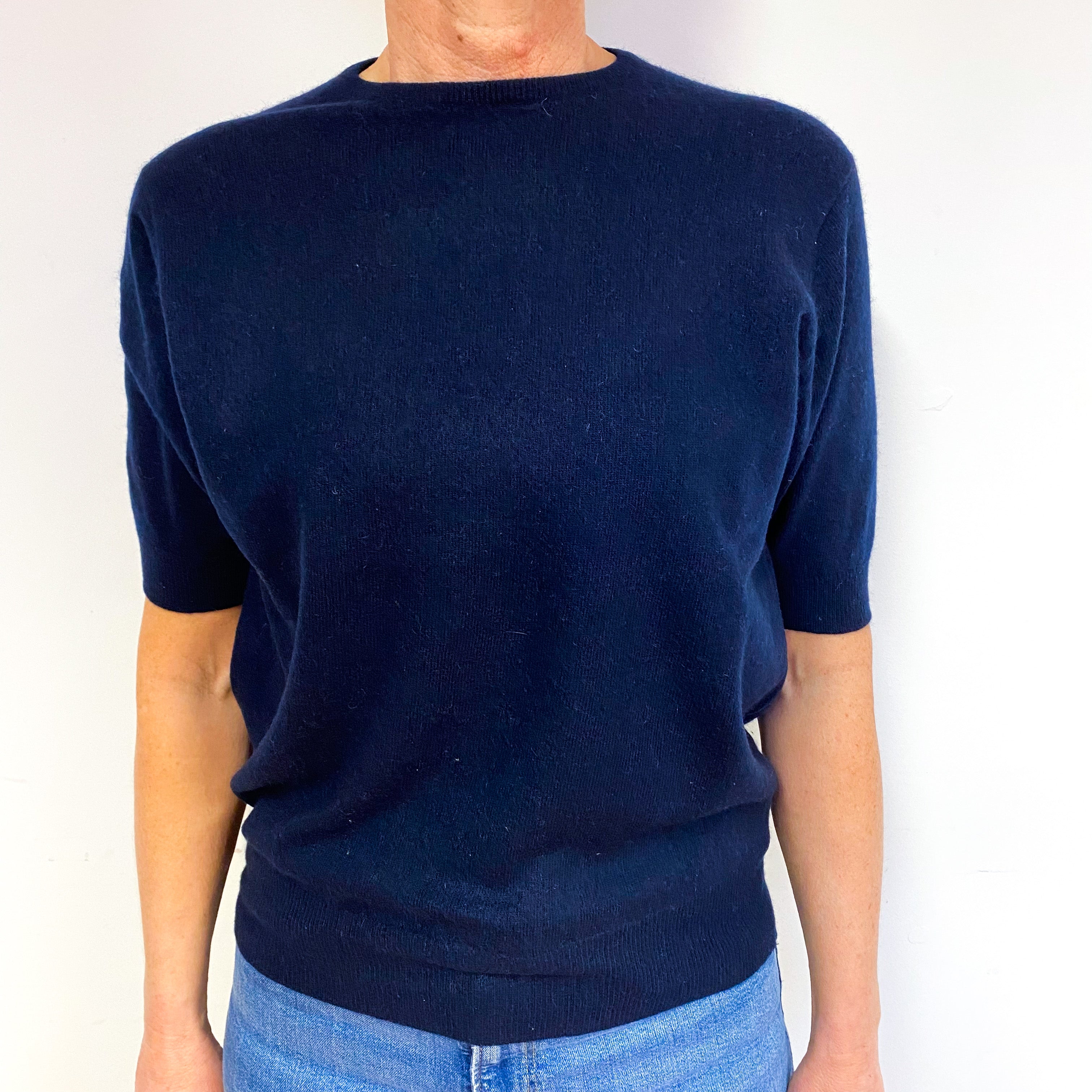 N. Peal Navy Cashmere Short Sleeve Jumper Medium