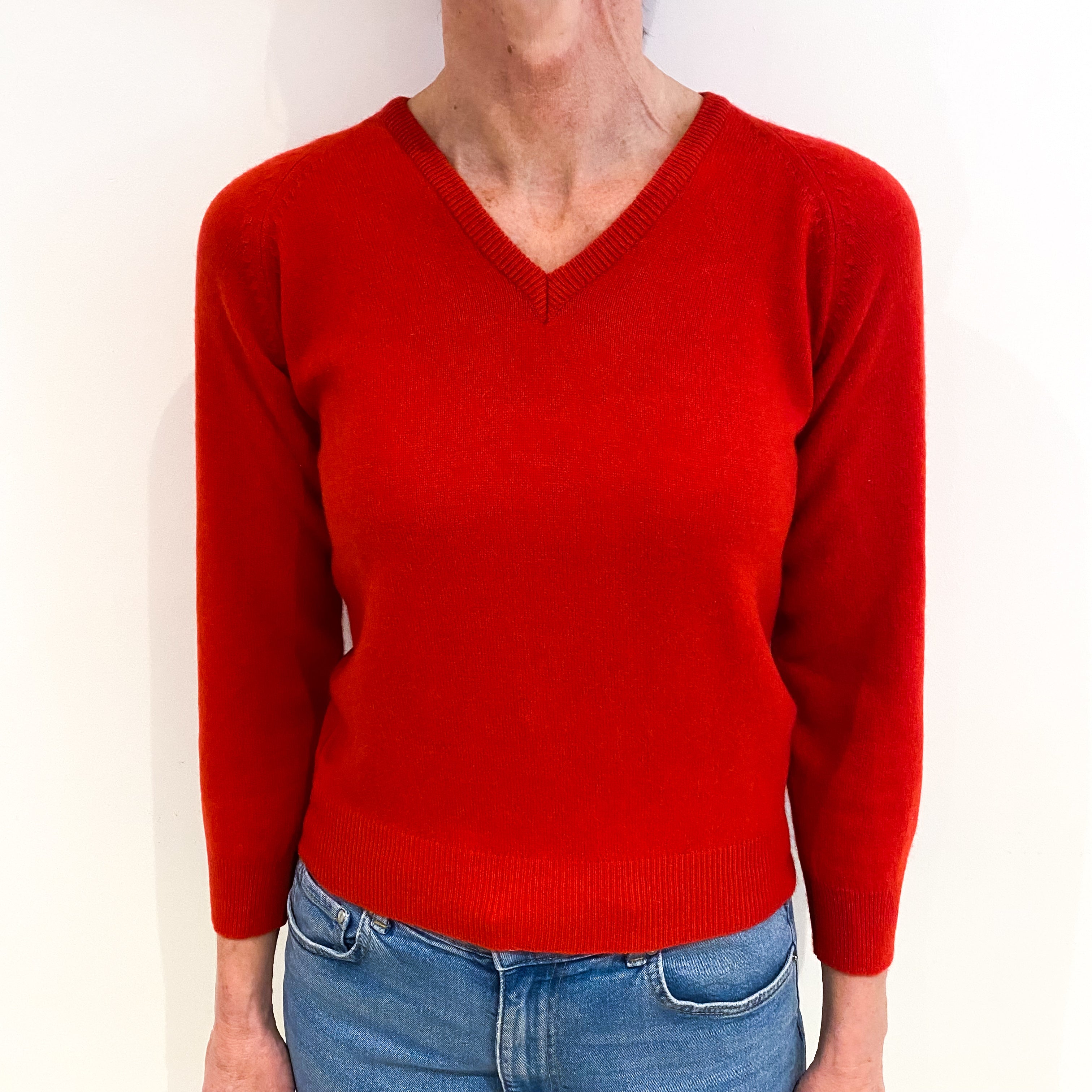 Vintage Vermillion Red Cashmere V Neck Jumper Small