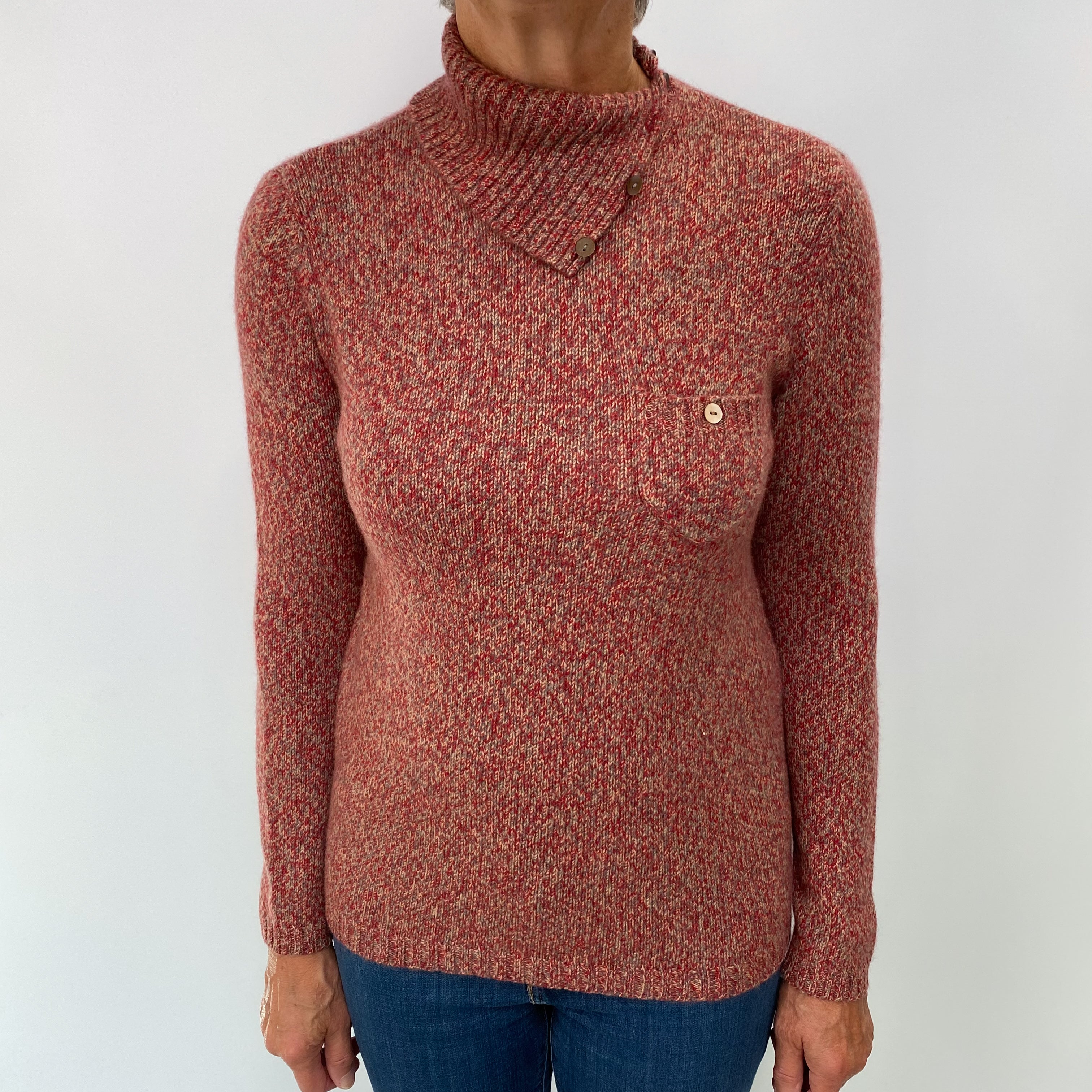 Red Grey Marl Cashmere Split Polo Neck Jumper Medium